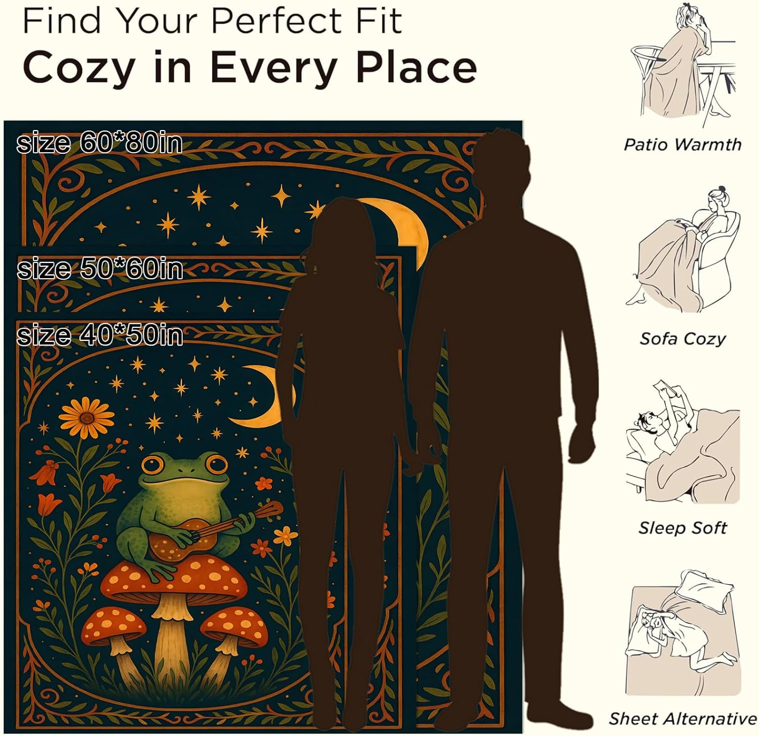 Frog Mushroom Blanket Gifts for Boys Girls Kids, Frog Playing Guitar Under Moon and Stars Warm Soft Flannel Throw Blankets for Travel, Sofa, Room, Bedroom Birthday Christmas Spring Decor, 50x60 in - Image 3