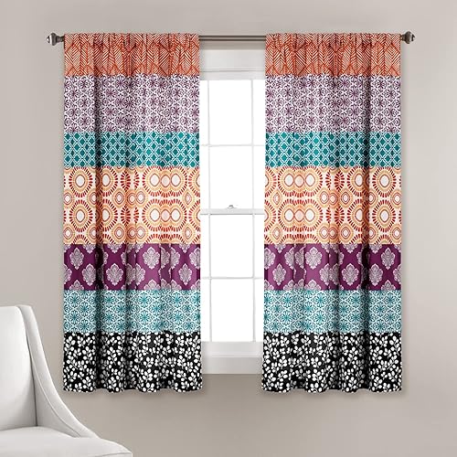 Lush Decor Paneles de cortina de ventana a rayas bohemias, par, 52 pulgadas de ancho x 63 pulgadas de largo, color fucsia y naranja, cortinas cortas