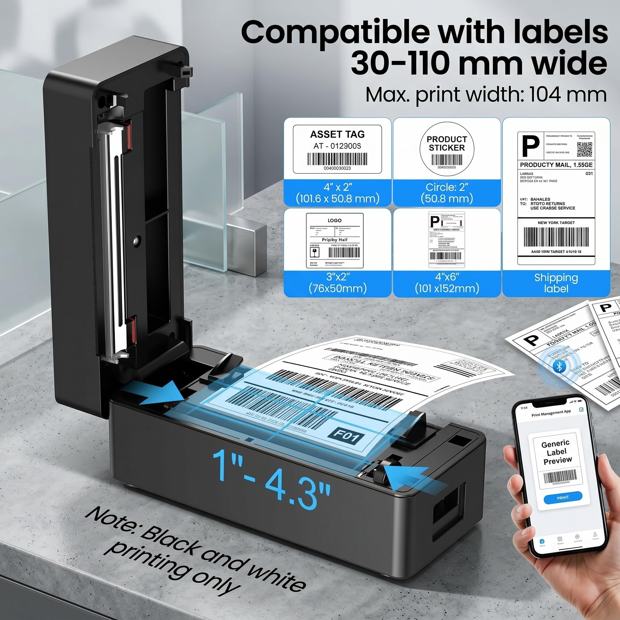 Stampante Etichette Termica 4x6 Nera – Bluetooth e USB, Senza Inchiostro – Include Chiavetta USB Driver – Per Magazzino e Spedizioni