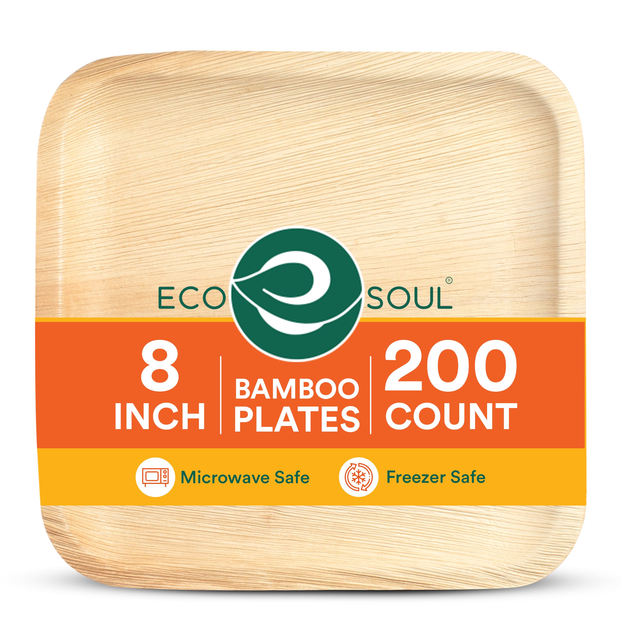 ECO SOUL 100% kompostowalne talerze 20 cm, kwadratowe talerze z liści palmowych [200 sztuk], wysokiej jakości liście palmowe, wytrzymałe, jednorazowe talerze jak bambus, kwadratowe, jednorazowe