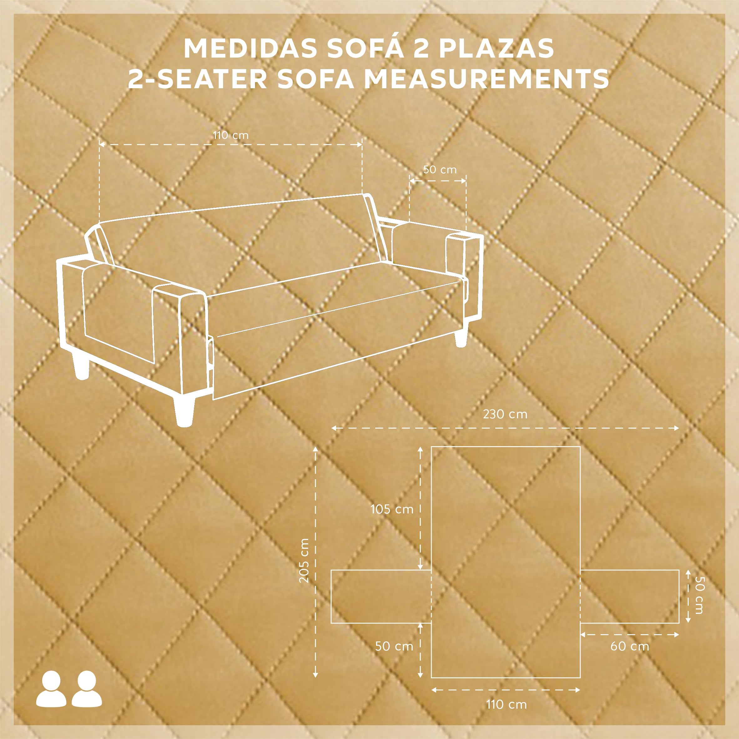 Textilhome Copridivano Malu 2 Posti (110cm) – Salvadivano Trapuntato Reversibile Universale, Protezione Antigraffio, Fodera Imbottita per Divano, Colore Senape