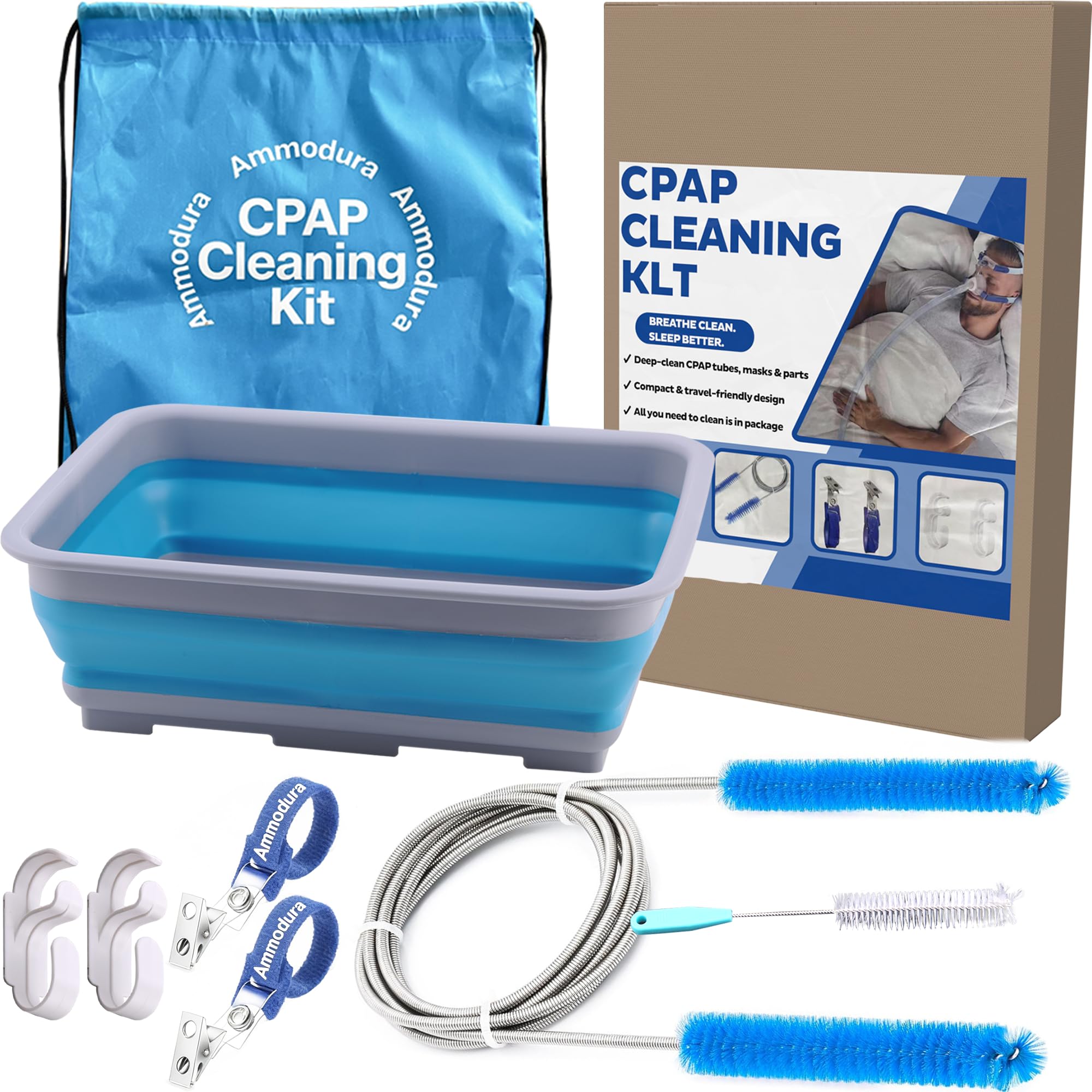 Complete CPAP Cleaning Kit, 6.5 ft Tube Cleaning Brushes Compatible with 15mm and 20mm Hose, Cleaner Supplies for CPAP Hose and Mask with Collapsible