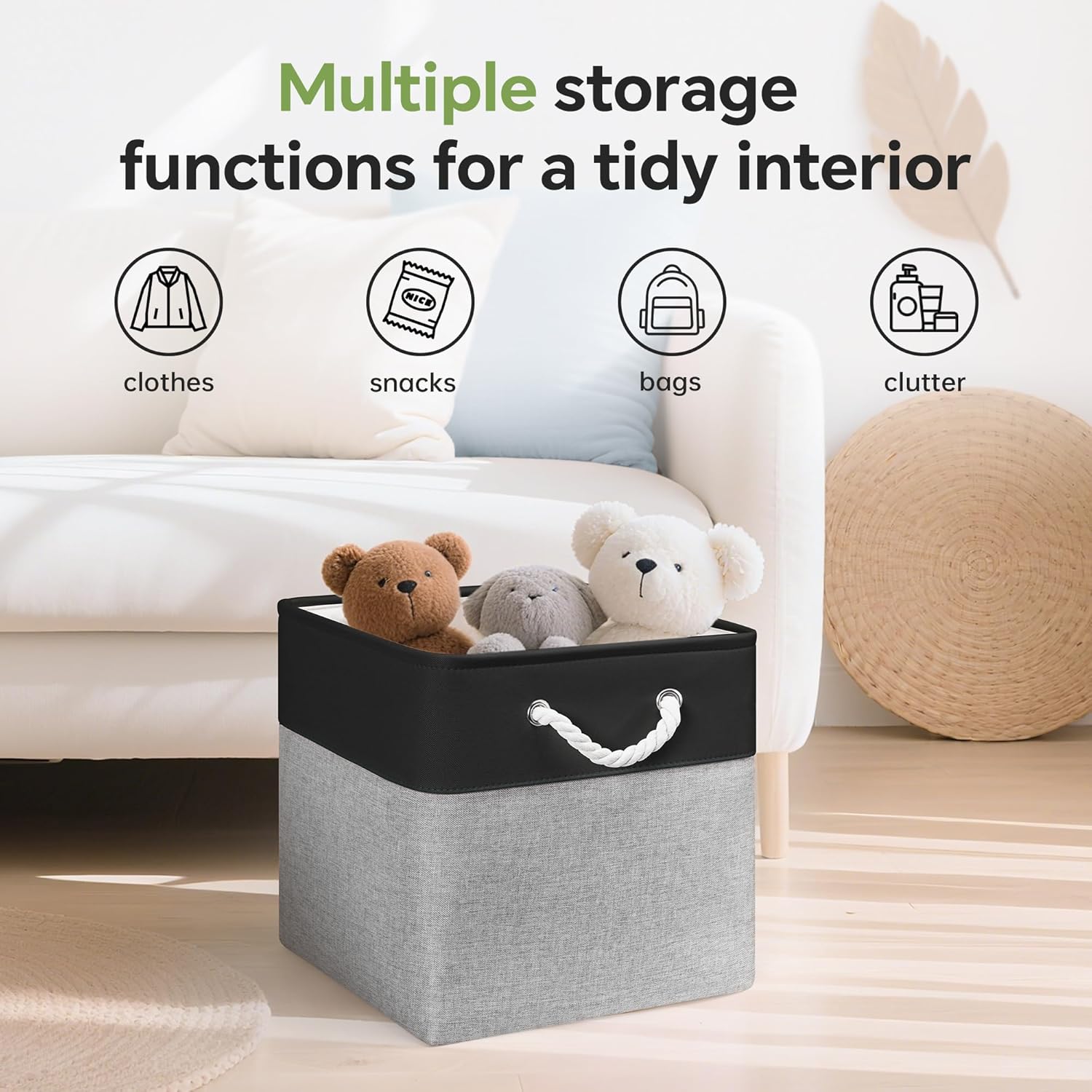 13x13 Inch Cube Storage Bins with Reinforced Bottom Cardboard, 6 Pack Large Foldable Fabric Storage Cubes with Handles for Shelf, Closet, Laundry Organization (Black&Gray)
