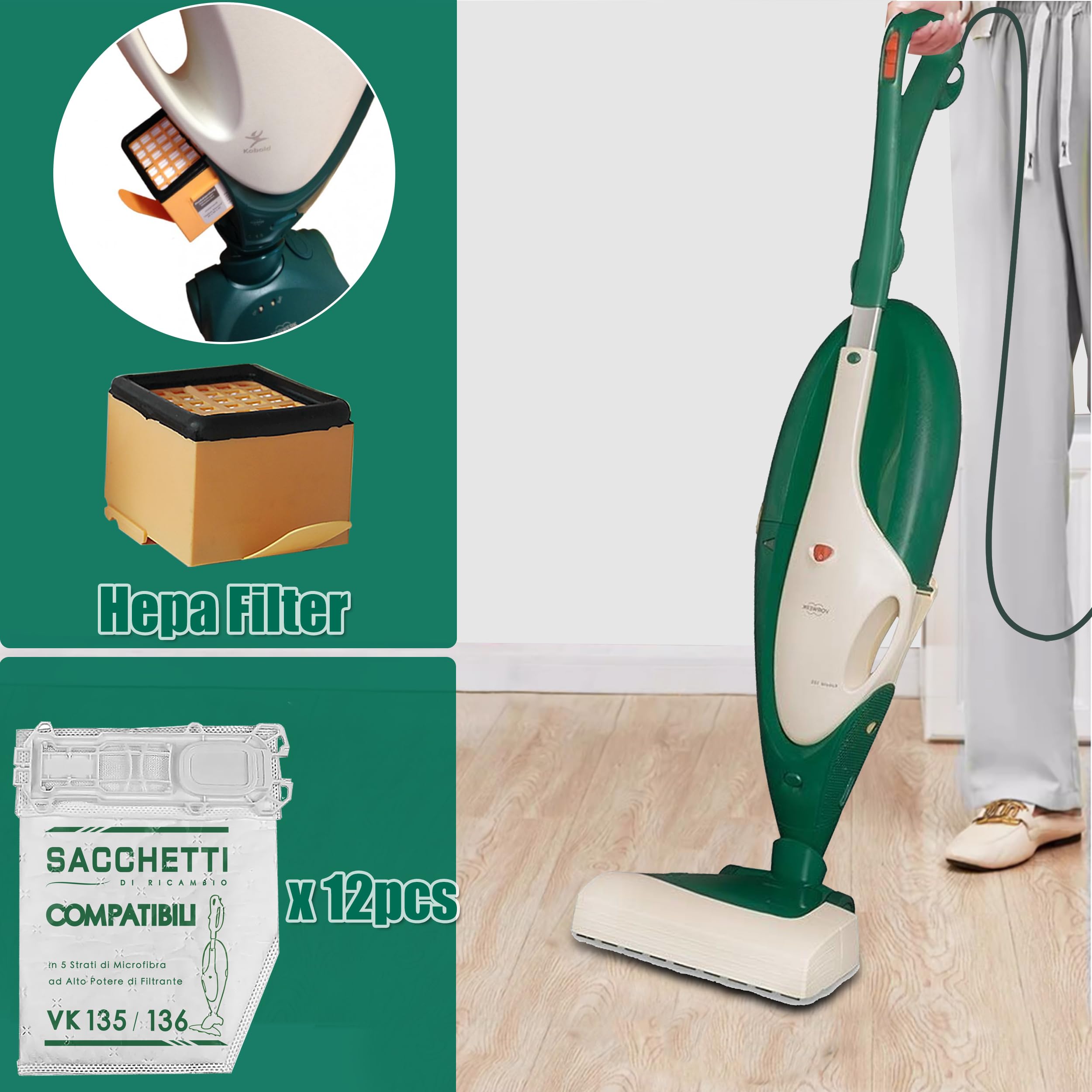 Kit Sacchetti compatibile per Folletto VK135 VK136 FP 135 FP 136 | 12 Sacchetti Aspirapolvere Microfibra a 5 Strati con 2 Filtro HEPA e 2 Filtri Motore (kit da 12 Sacchetti)