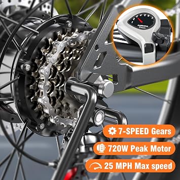 Electric Bike for Adults, 26 Commuter Ebikes with 5-Level Pedal Assist & 7-Speed Gears, 25MPH, 720W Motor, 375Wh Battery, 50 Miles, Lockable Suspension Fork, Lightweight Electric Mountain Bicycles.