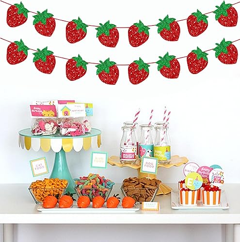 Miniatura 7 de TSJ 16 piezas de fresa para cupcakes con purpurina, palitos de frutas, decoración de pasteles para fiesta temática de fresas, baby shower