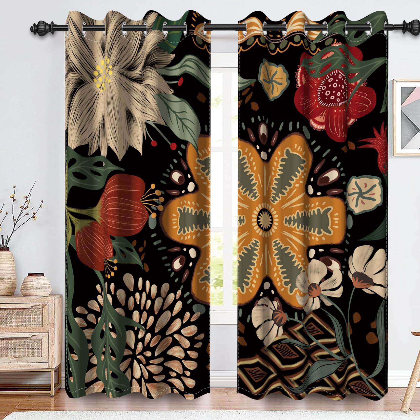 Rideaux occultants noirs 106x160 cm motif bohème milieu du siècle