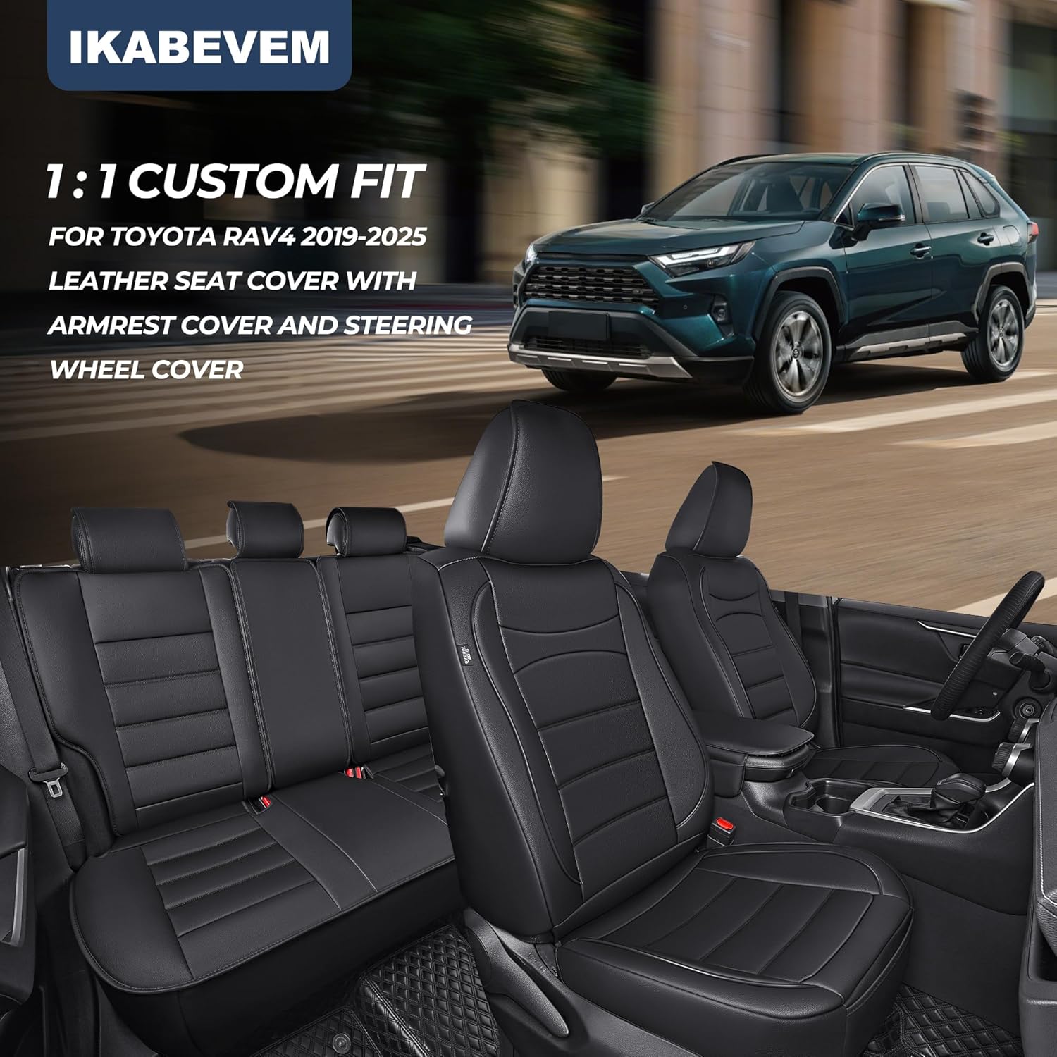 RAV4 Seat Covers Custom for Toyota RAV4 2019 2020 2021 2022 2023 2024 2025 LE,XLE,XLE Premium,Limited,Base,SE Full Set Luxury Faux Leather Seat Cover with Interior Accessories(Black)
