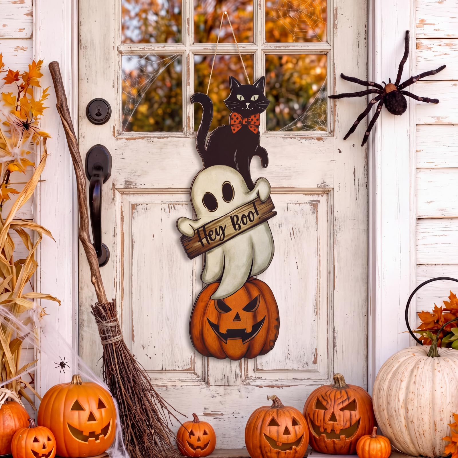 RattanView Hey Boo Halloween Door Hanger, Pumpkin Black Cat Sign