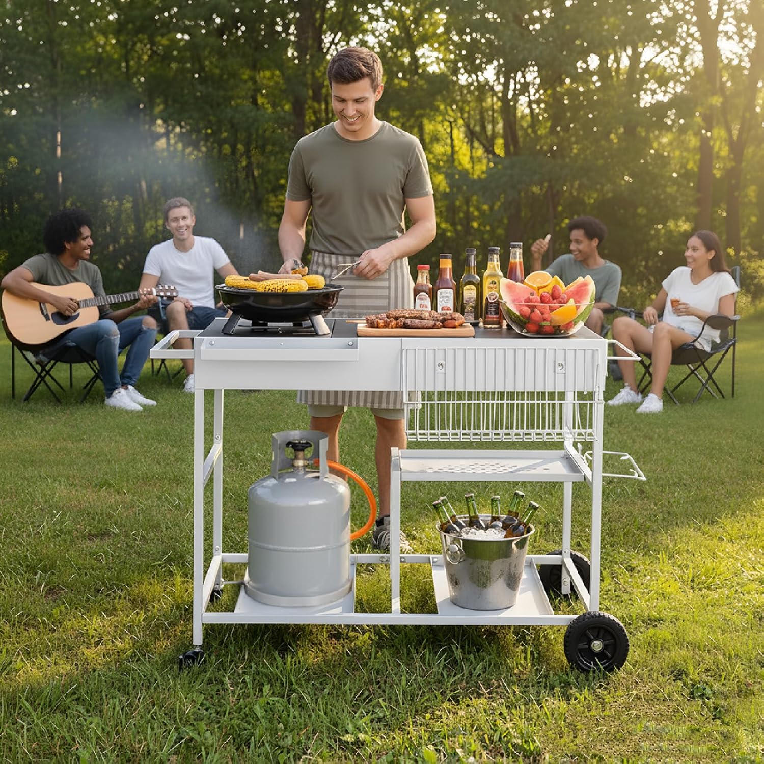 VINGLI Pizza Oven Grill Table Cart, Movable Food Prep Cart with Pizza Topping Station, Seasoning Boxes, Gas Bottle Space, Outdoor Table Stand for Griddle, Patio, Home, Parties