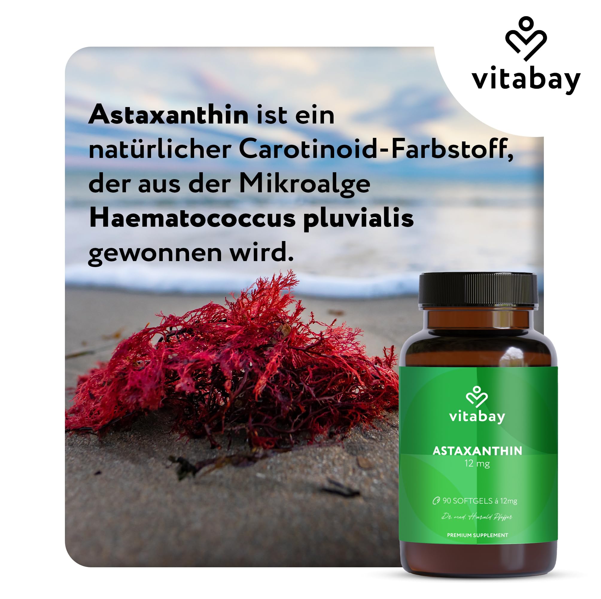 Vitabay Astaxanthin 12 mg hochdosiert – 90 vegane Softgel-Kapseln – laborgeprüft & ohne Zusatzstoffe – Premium-Rohstoff natürlich gewonnen aus Haematococcus pluvialis Algenextrakt - 6 Monate Vorrat