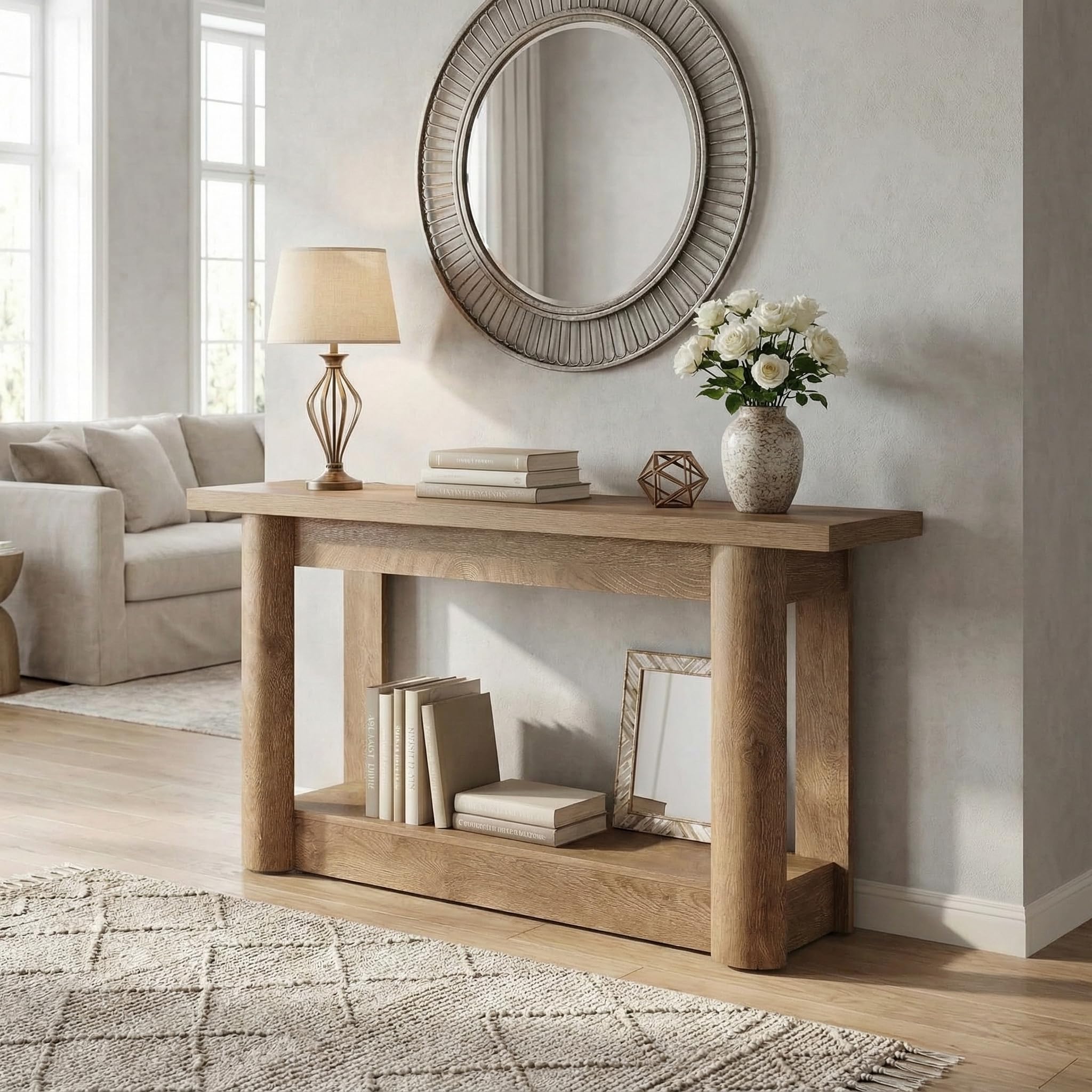 Lailang 160cm Konsola do przedpokoju w Stylu Farmhouse, Prostokątny Stół Konsolowy, Stolik sofa z 2 poziomami, Drewniana Konsola do korytarza, Wąski Stolik wejściowy, 160 x 40 x 76 cm, Brązowy