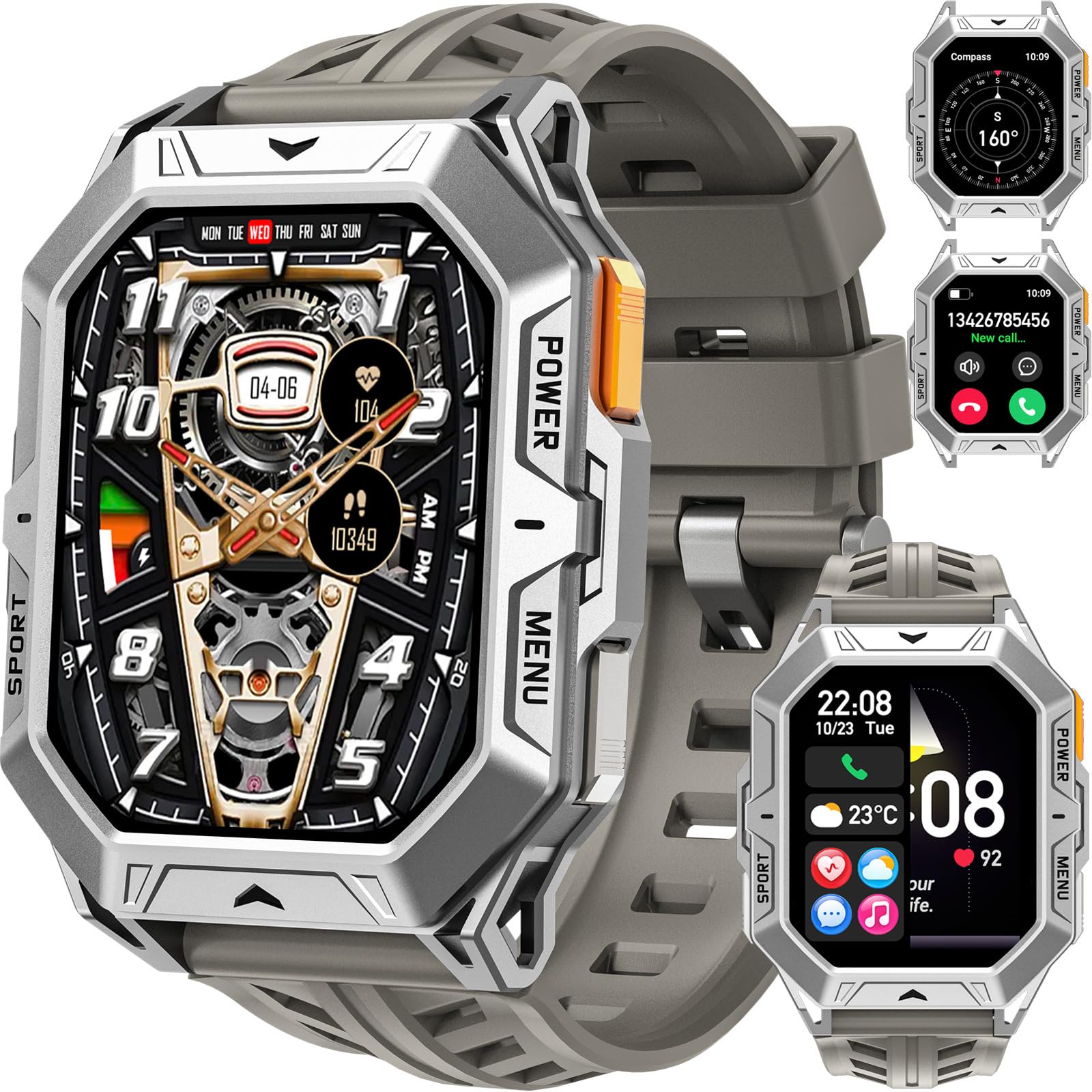 Smartwatch Herren Militär Uhr 100 Tage Akkulaufzeit Sportuhren Herren mit Kompass Höhenmesser Barometer IP68 Wasserdicht Fitnessuhr Pulsmesser Blutdruck 2,13" AMOLED Display Smart Watch Android iOS