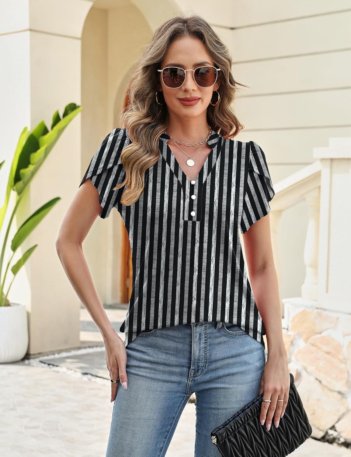 Rapbin Womens Spring Summer Petal Short Sleeve Tops V Neck Tunic Business Work Blouses Fashion 2026 - Image 6