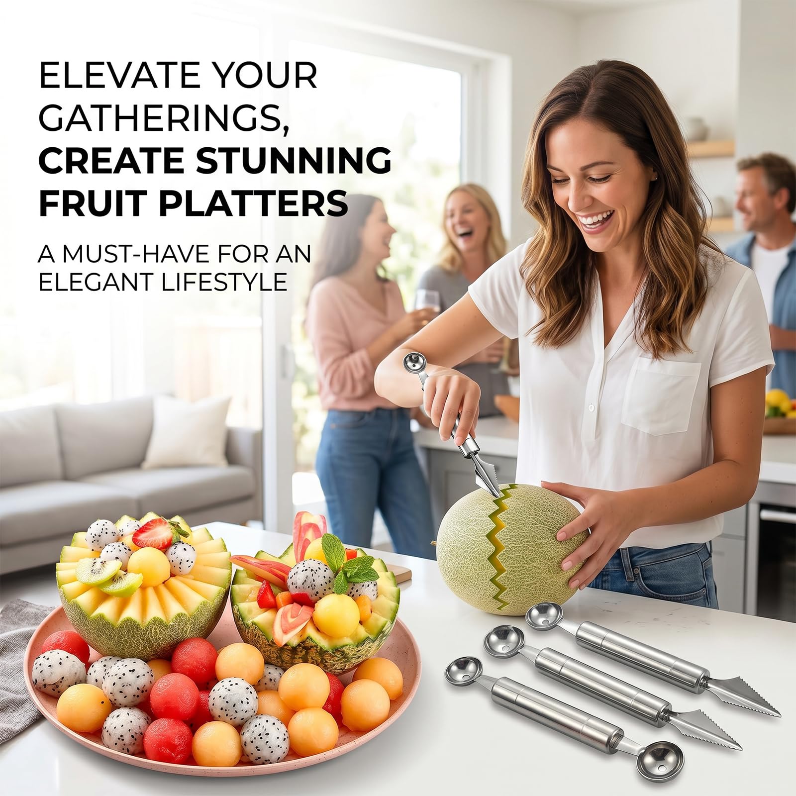 4PCS Outil à Découper les Fruits Éplucheur Cuillère à Melon Double Tête Ustensiles de Cuisine