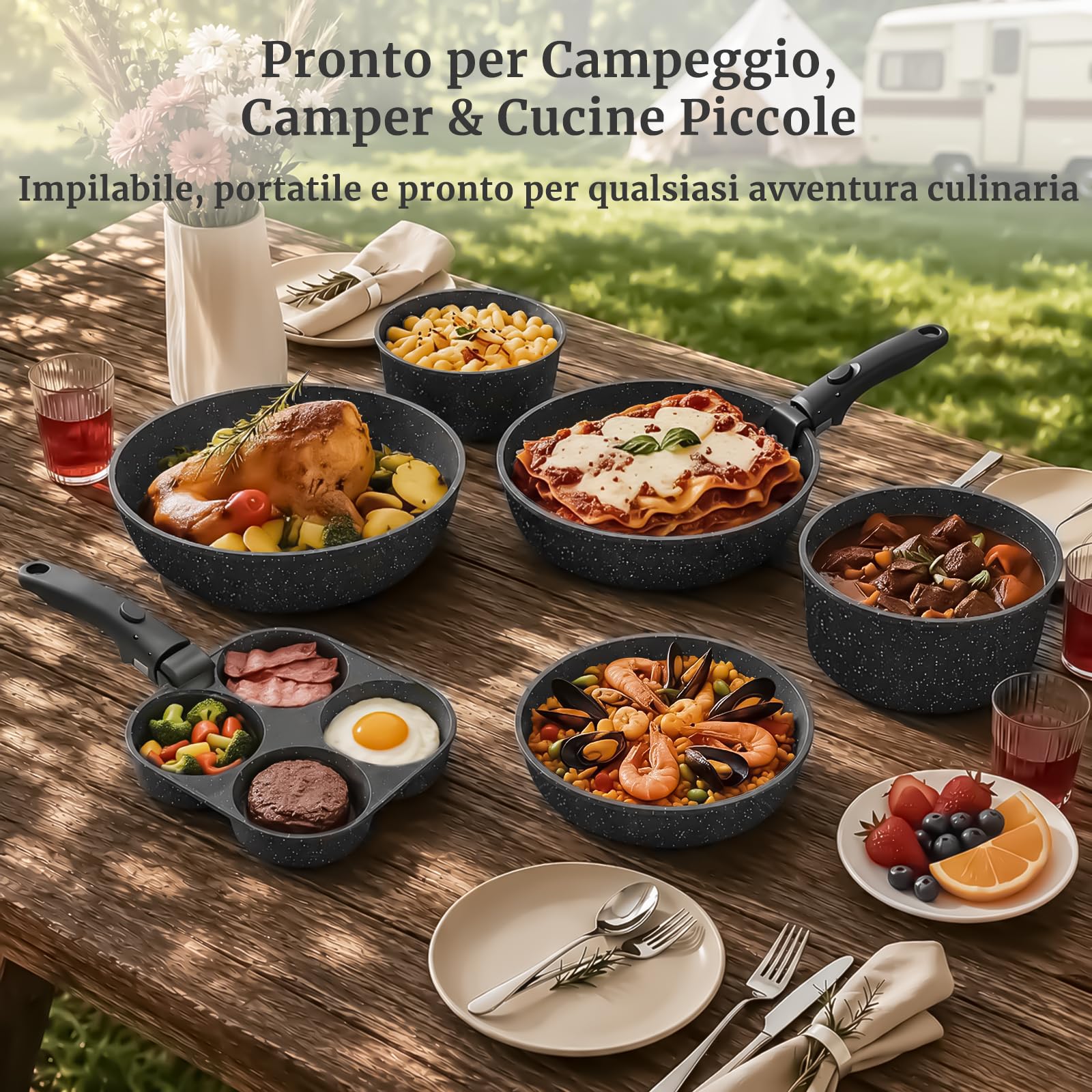 YASHE Pentole induzione 20 pezzi, atossiche, senza PTFE e PFAS | Senza PFOA Set Pentole e Padelle Antiaderenti in Granito, Pentole Impilabili, Salvaspazio per Camper e Monolocali
