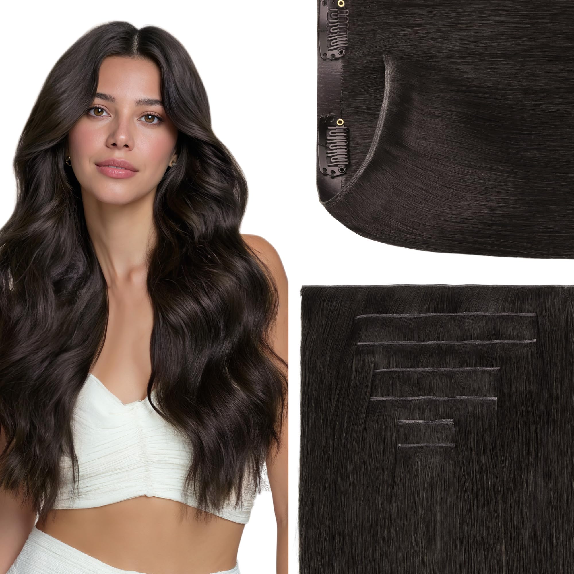 GOO GOO Genius Clip in Hair Extensions, 20inch 130g 7pcs, Seamless PU Clip in Hair Extensions, Virgin Real Human Hair, #2 Dark Brown