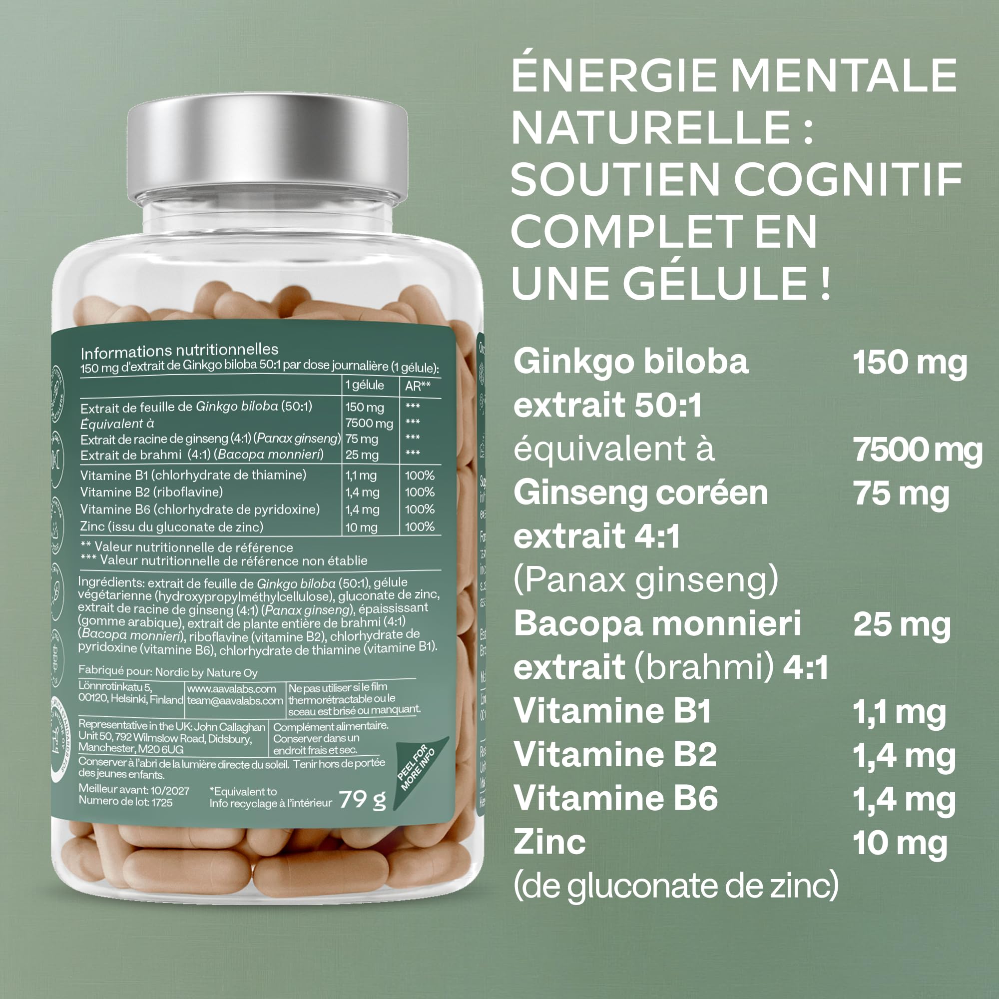 Ginkgo Biloba 7500mg 50:1 avec Panax Ginseng Rouge de Corée, Bacopa Monnieri, Zinc, Vitamine B Complex - Nootropique Puissant Circulation Sanguine, Memoire et Concentration, Energie - 180 Capsules