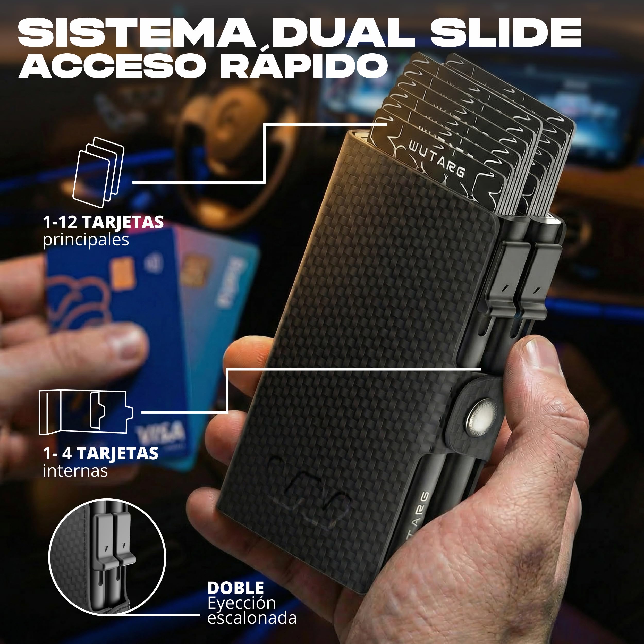 Tarjetero Hombre - Cartera Minimalista RFID NFC, Sistema Dual Slide, Metal, Cuero PU Premium, Billetera compacta antirrobo, Acceso rápido - 16 Tarjetas + 4 Billetes (Deluxe Carbon)