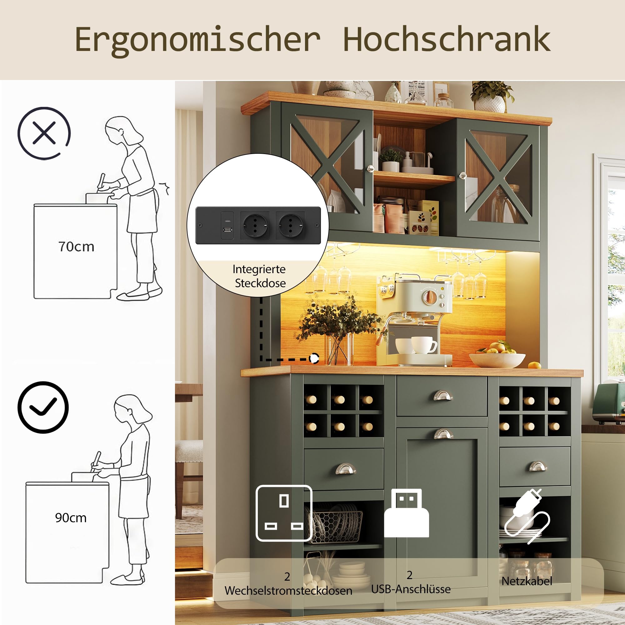 Hohe Küchenschränke (120 x 45 x 188 cm), Sideboards, mit Glastüren und LED-Beleuchtung, Beistellschrank mit Weinregal, Verstellbare Regalböden, Grün