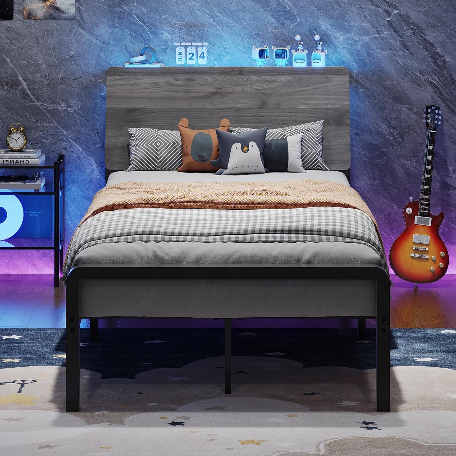 Twin Bed Frame with Storage Headboard,Metal Platform Bed Frame with LED Lights,Ergonomic Design,Heavy Duty Metal Slats,No Box Spring Needed,Easy Assembly,Grey