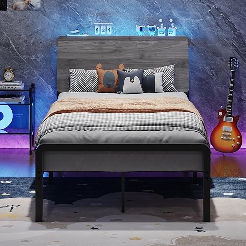 Base de cama individual con cabecera de almacenamiento, marco de cama de plataforma de metal con luces LED, diseño ergonómico, listones de metal