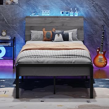 MaverickFurni Twin Bed Frame with Storage Headboard,Metal Platform Bed Frame with LED Lights,Ergonomic Design,Heavy Duty Metal Slats,No Box Spring Needed,Easy Assembly,Grey