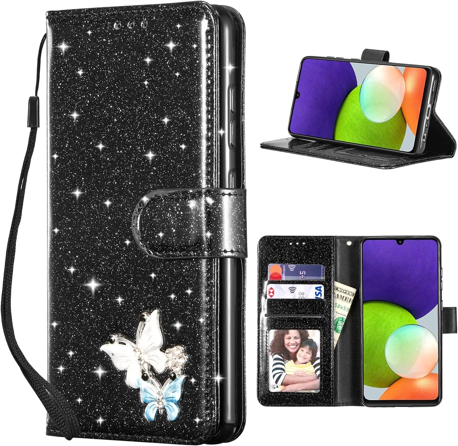 UEEBAI Wallet Case for Samsung Galaxy A15 4G/5G, Glitter PU Leather Phone Cover Card Slots Kickstand Wallet Magnetic Closure Bling Flip Case