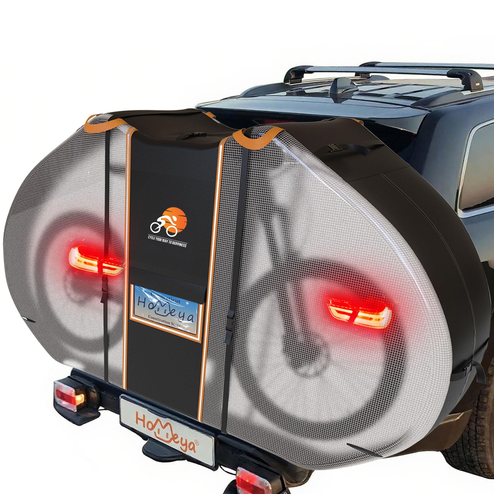 Fahrradabdeckung für Transport von 2 Fahrrädern auf Heckträger, Fahrradabdeckung für den Außenbereich, wasserdicht, strapazierfähiges 600D PU mit sichtbaren Rücklichtern, Kennzeichenfenster