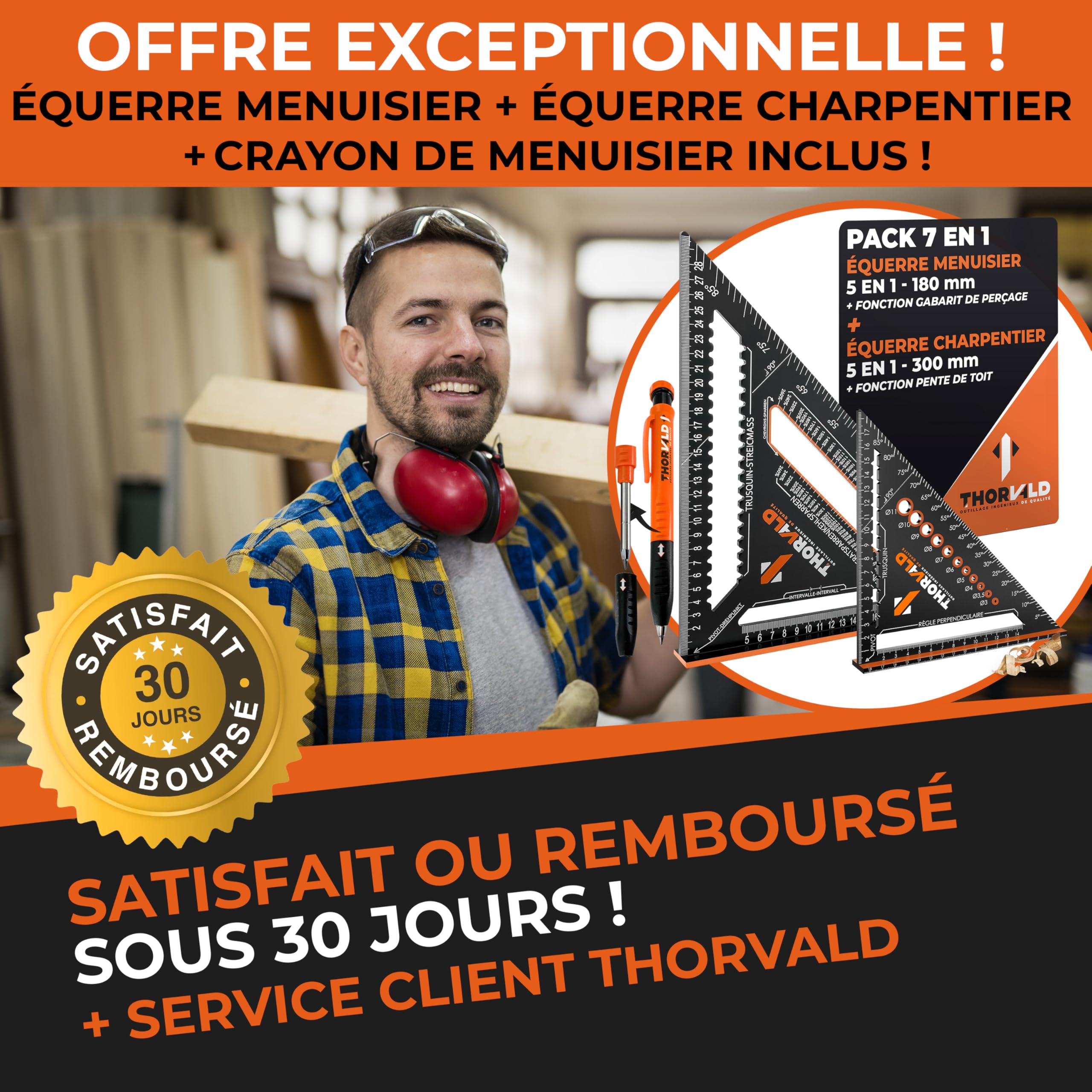 THORVALD Pack 7 en 1 Equerre Menuisier 180 mm + Charpentier 300 mm + Crayon Chantier - Multifonction : Trusquin/Raporteur/Pente de toit/Equerre a chapeau - Aluminium - Outil pour gagner du temps