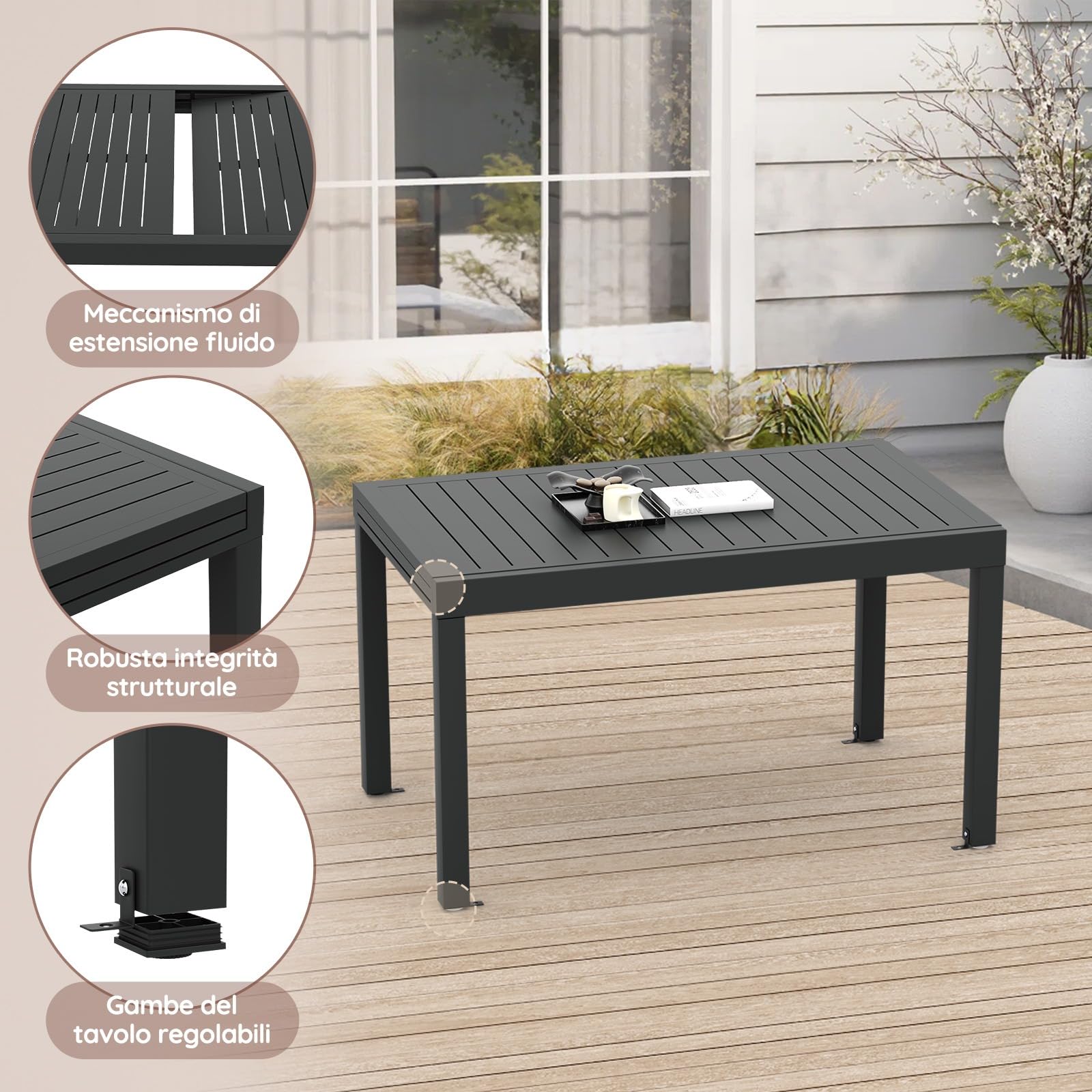 Devoko Tavolo da giardino, allungabile, 80/160 X 80 X 75 Cm, piccolo tavolo allungabile, alluminio, per balcone, resistente alle intemperie, allungabile, tavolo da pranzo per esterni, Grigio scuro
