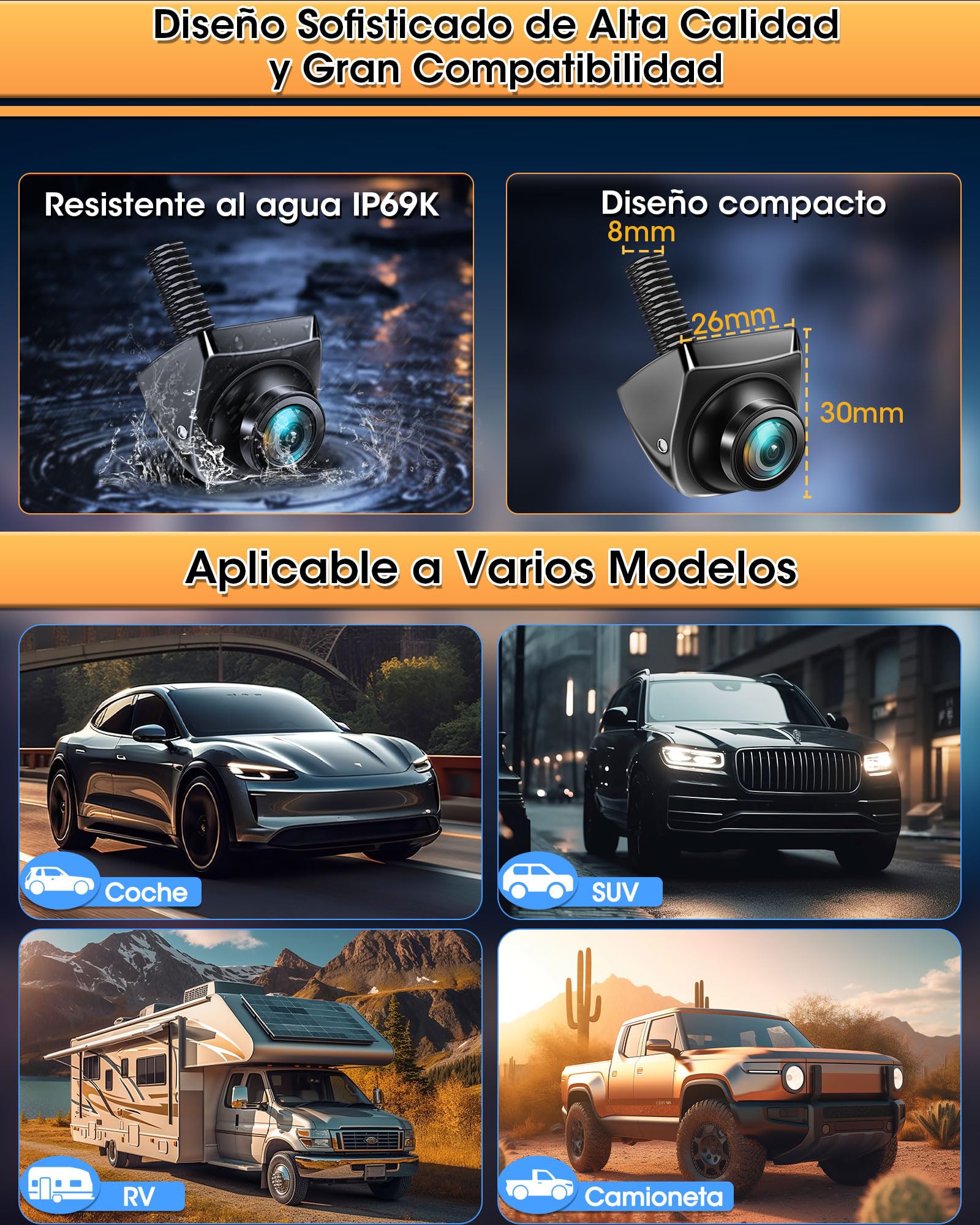 【4 Modos de Señal】 Cámara Marcha Atras Coche 360°+45° Giratorio Soporta Modelos AHD 1080P/720P/NTSC/PAL Cámara Trasera para Coche Camión Super Visión Nocturna 170° Gran Angular