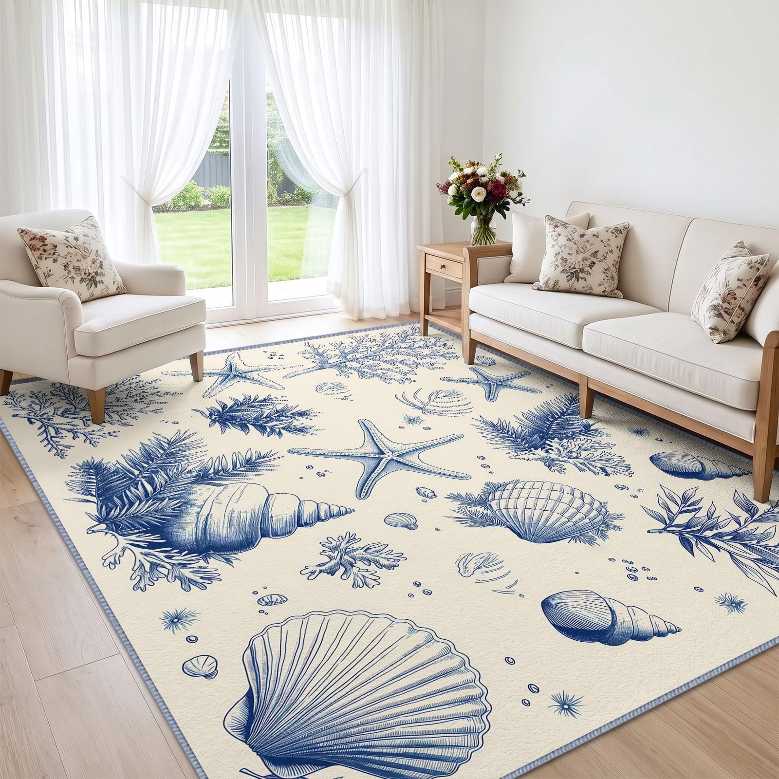 Generisch Seegras Koralle Seestern Waschbarer Teppich Wohnzimme 120x170 cm, Weich Kurzflor rutschfest Vintage Handgemalt Spaß Teppich für Schlafzimmer Esszimmer Büro