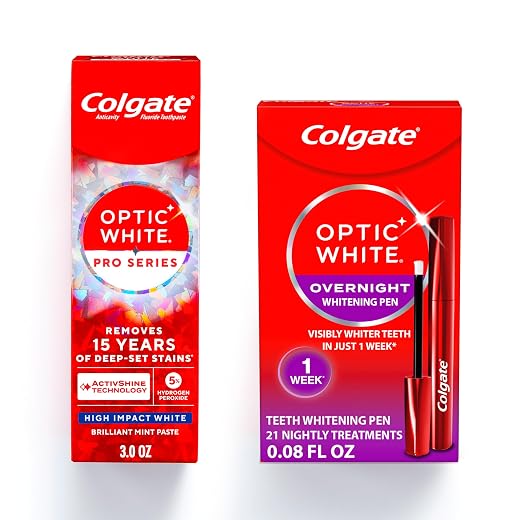 Colgate Optic White Overnight Whitening Kit Teeth Whitening Pen (21 Nightly Treatments) and Pro Series High Impact White Toothpaste, Designed for No Tooth Sensitivity