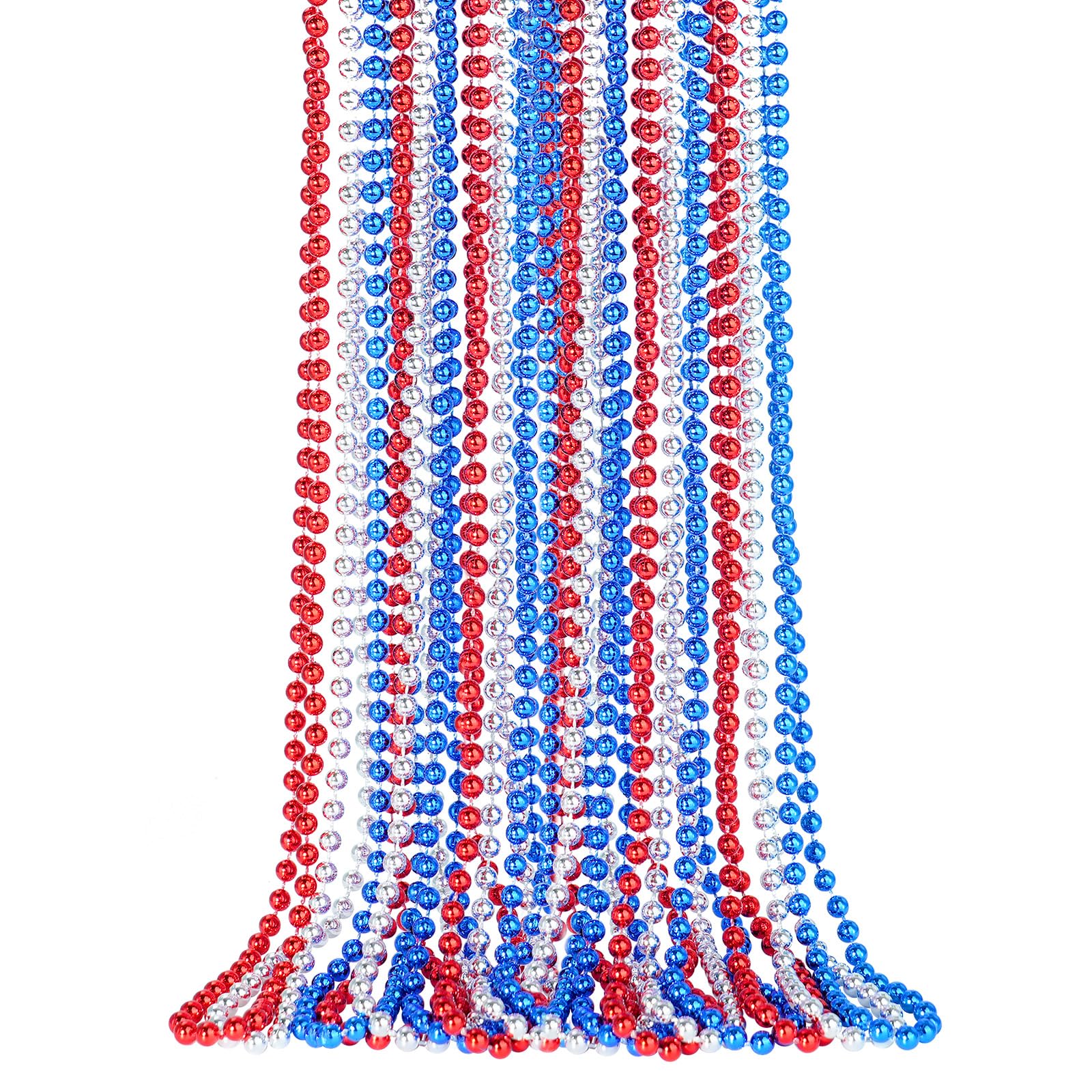 SHAOQINLIN 12 PCS Patriotic Beads Necklaces, 4th of July Bead Necklace, 4th of July Accessories, 33'' Metallic Red/Silver/Blue Party Beads for Patriotic Day, Carnival Party Favors