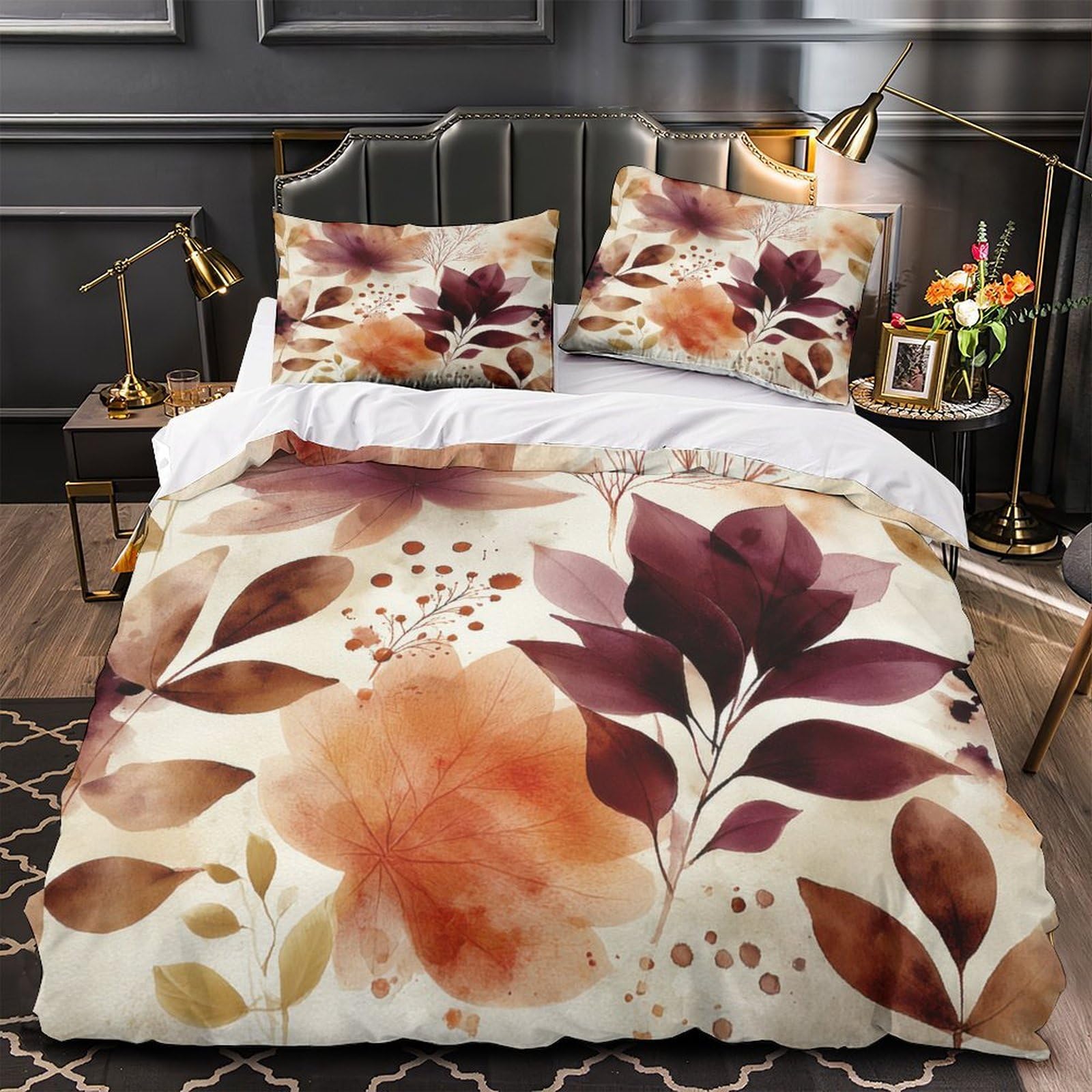 Housse de couette effet ultra doux parure de lit feuilles d'automne aquarelle 3D microfibre