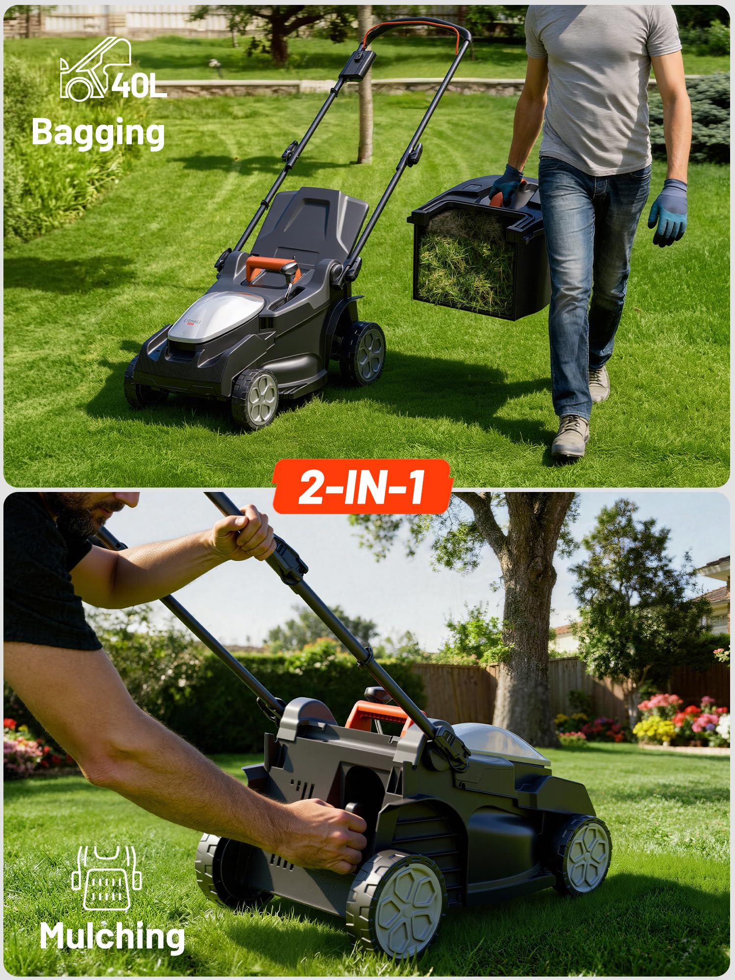U20 Litheli Tagliaerba Tosaerba a Batteria 38cm, 2x 20V Batterias 4.0Ah, Altezza Regolabile 25-75mm, Sacco 40L, per Prati Fino a 300m²