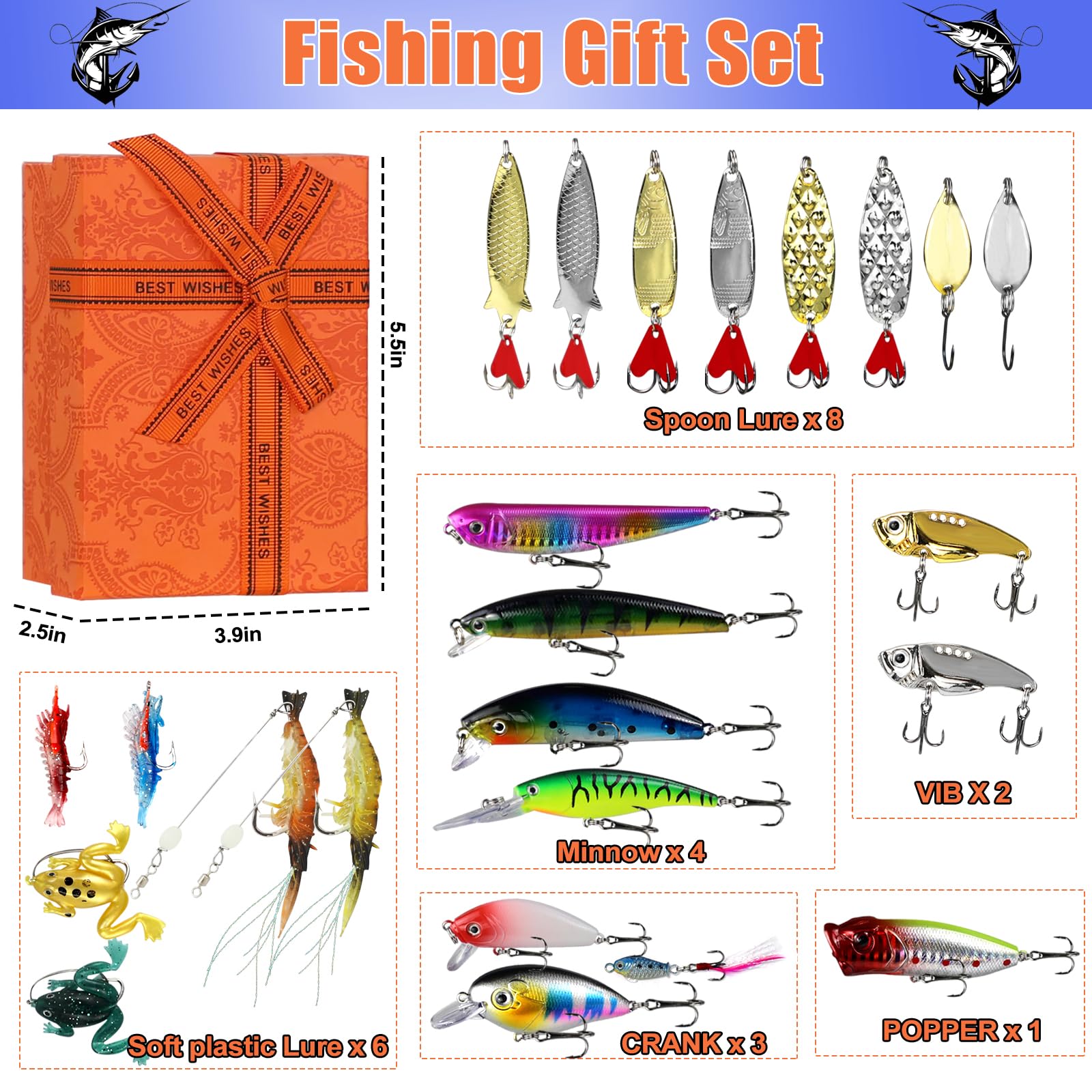 Graduation Gifts for Him Teen Boys, Teenage Boy Gifts for 10 11 12 13 14 15 16 17 18 Years Old, Tween Boys Toy Gift Ideas, Son Brother Boyfriend Birthday Gifts, 24 PC Fishing Lure Accessories