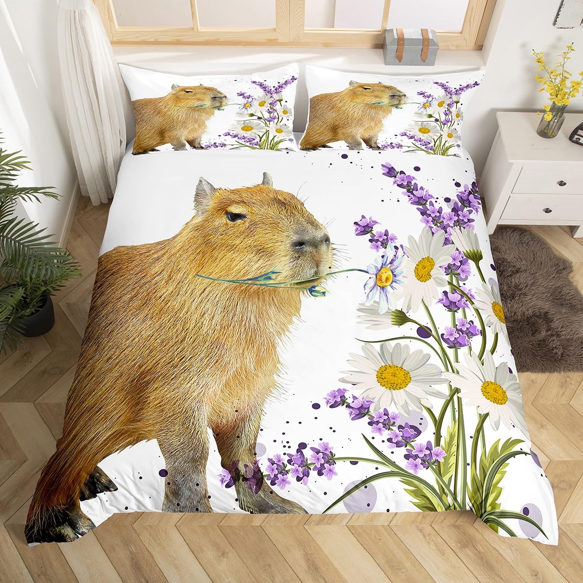 Capybara Lover Bettbezug Nette Nagetiere Capybara Bettwäsche Set Rustikale Farm Lila Lavendel Daisy Print Trösterbezug Lustige Capybaras Bettbezug für Capybara Liebhaber135x200 mit 1 Kissenbezug