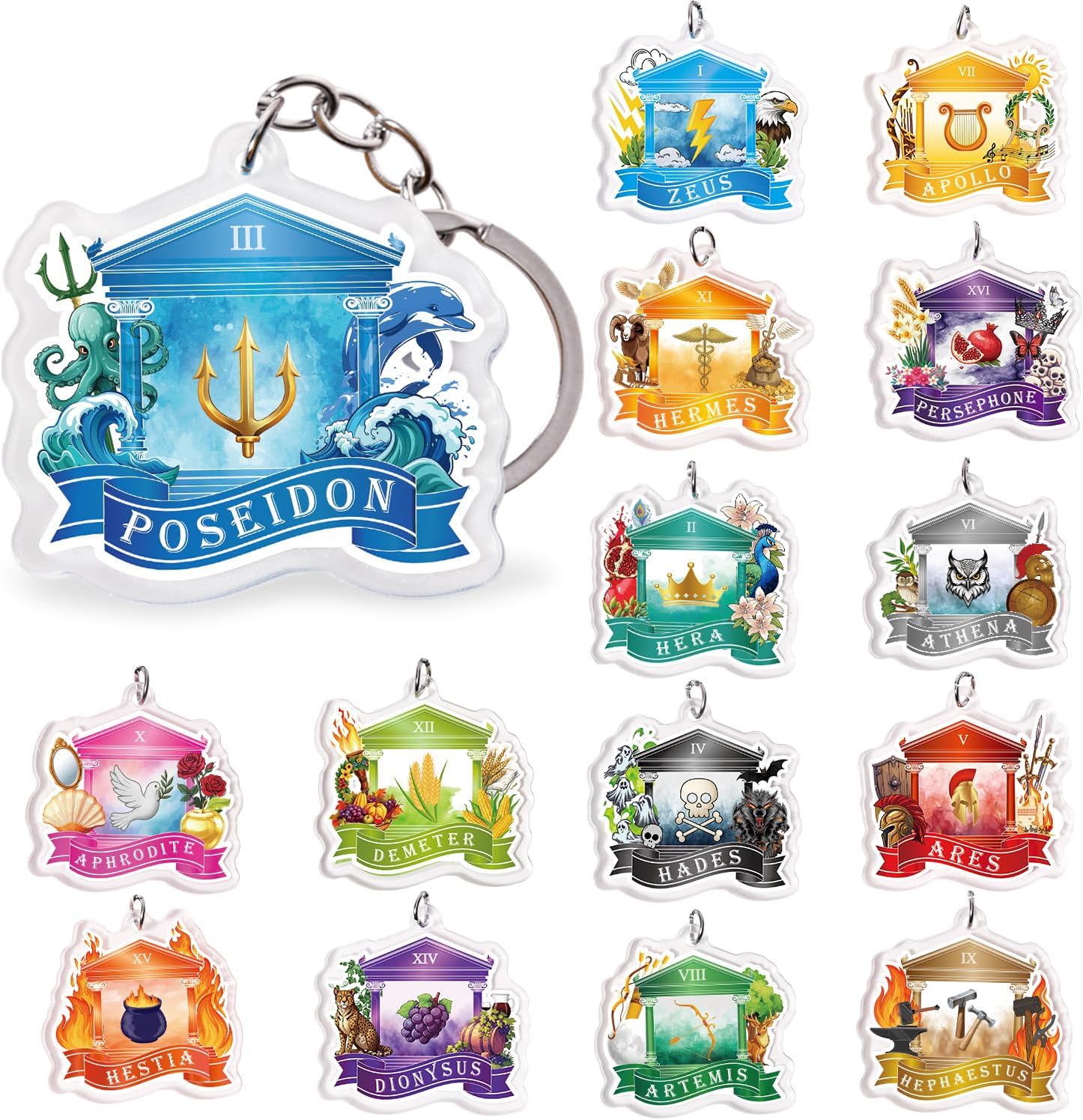 Htabiol Greek Mythology Keychains, 15pcs Olympian Gods Cabin Keychains, Greek Mythology Party Favor Gifts, Fit for Olympian Gods Birthday, Percy Jackson Party, Camp Half Blood Birthday