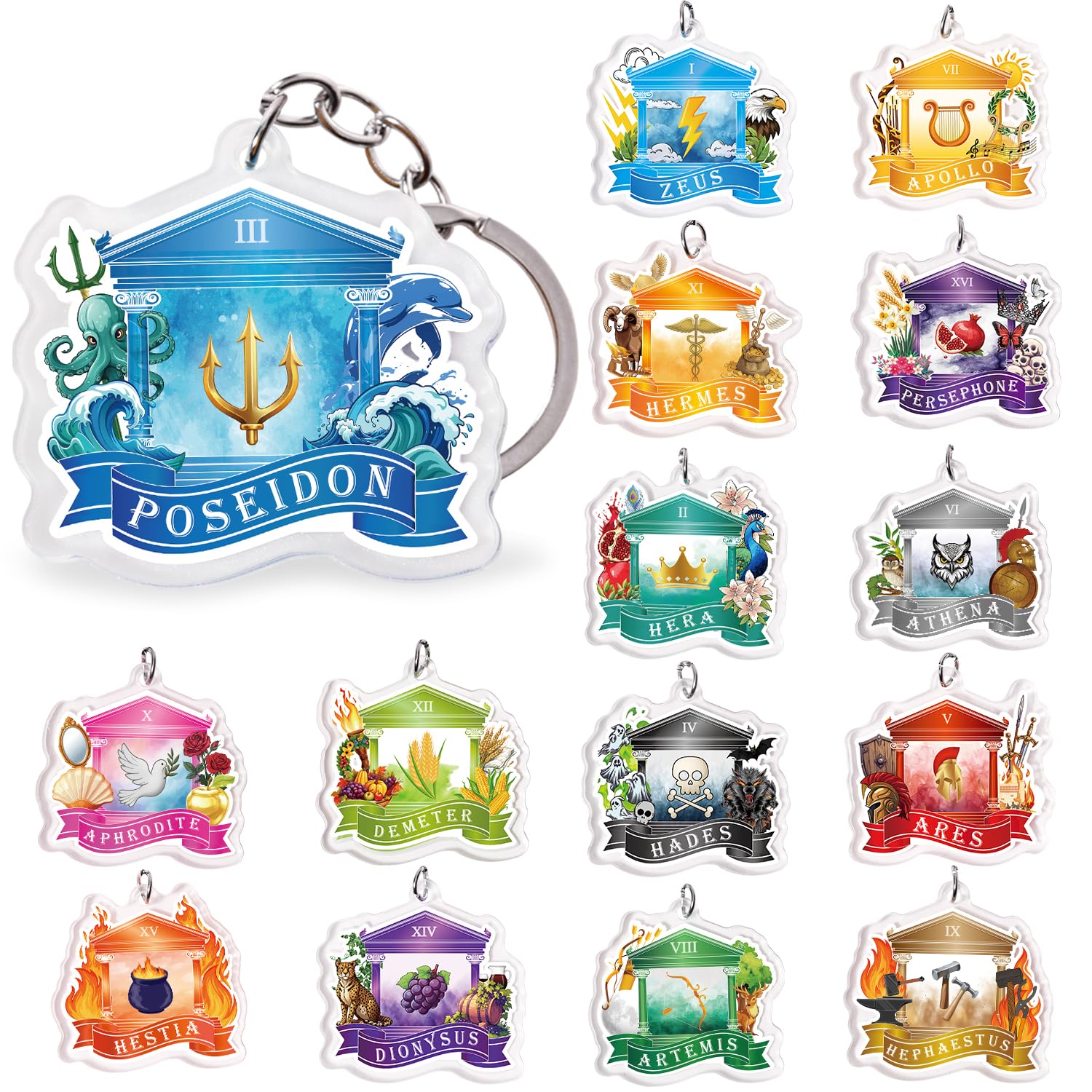 Htabiol Greek Mythology Keychains, 15pcs Olympian Gods Cabin Keychains, Greek Mythology Party Favor Gifts, Fit for Olympian Gods Birthday, Percy Jackson Party, Camp Half Blood Birthday