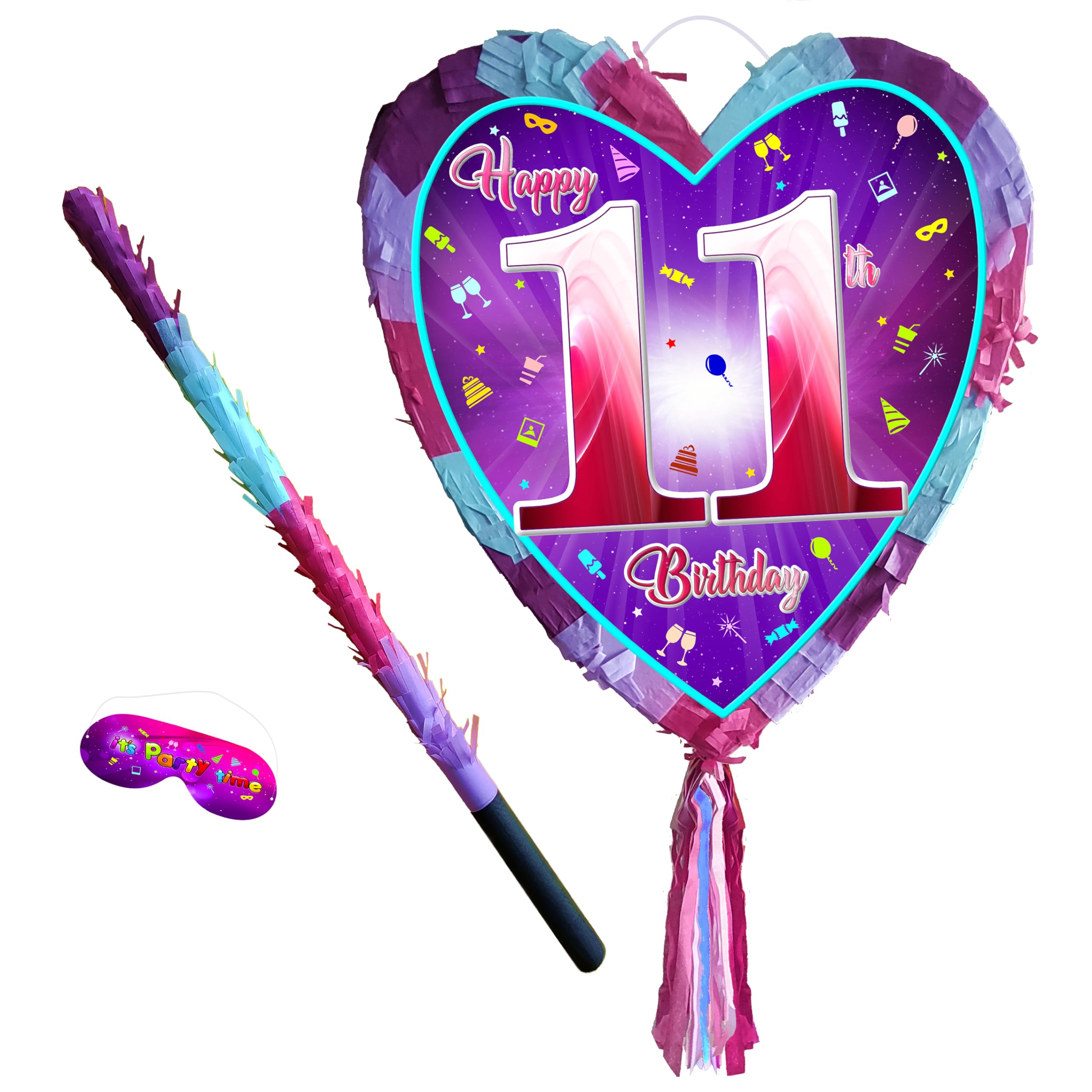 11th birthday pinata with stick - Girls Eleven party smashing game - Big 41cm x 38cm, Pink, Purple, Sky Blue - Image 2