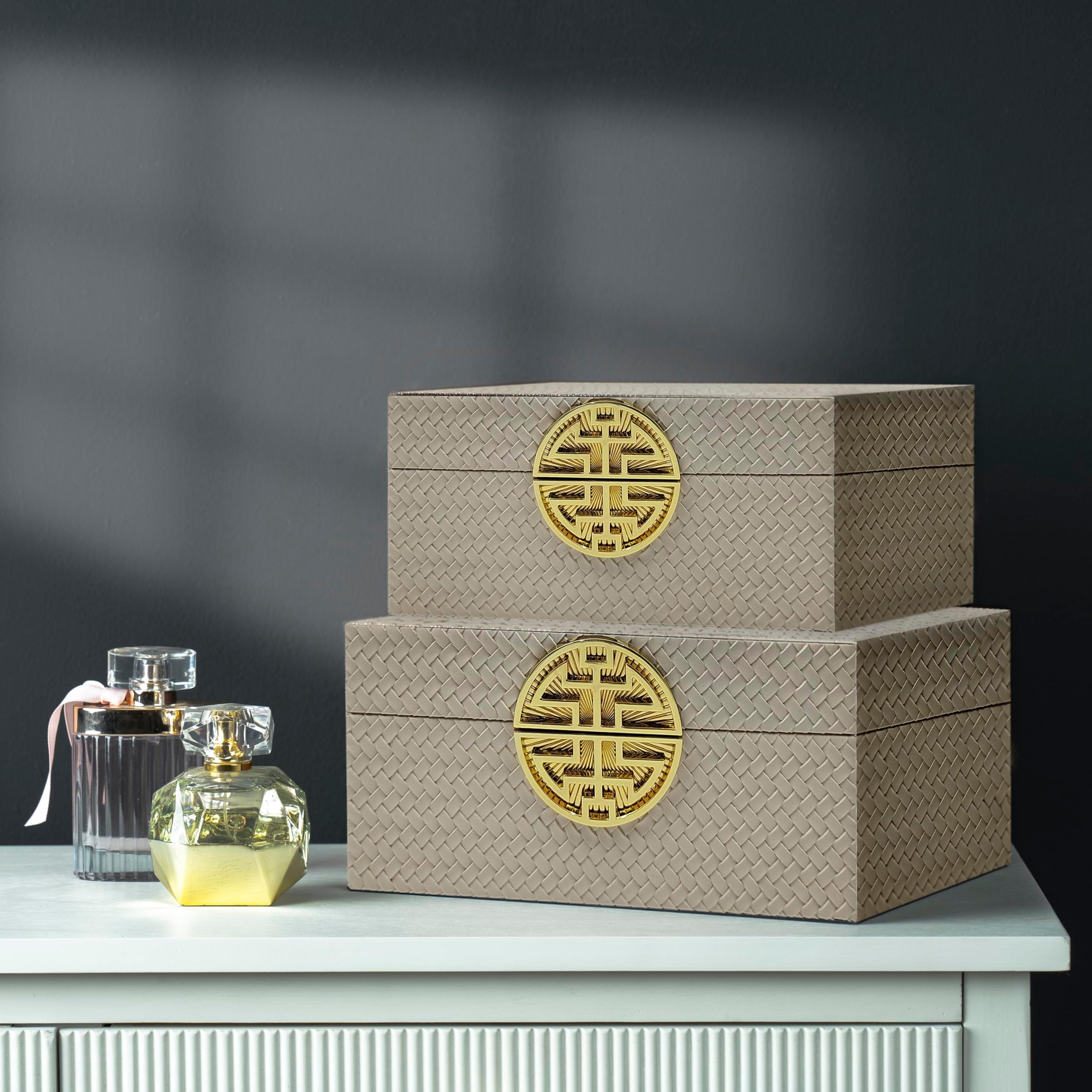 VANITY LIVING Set of 2 Cream Faux Leather Jewellery Boxes for Decor, Trinket Metal Decorative Storage Boxes with Gold Handles for Dressing Table