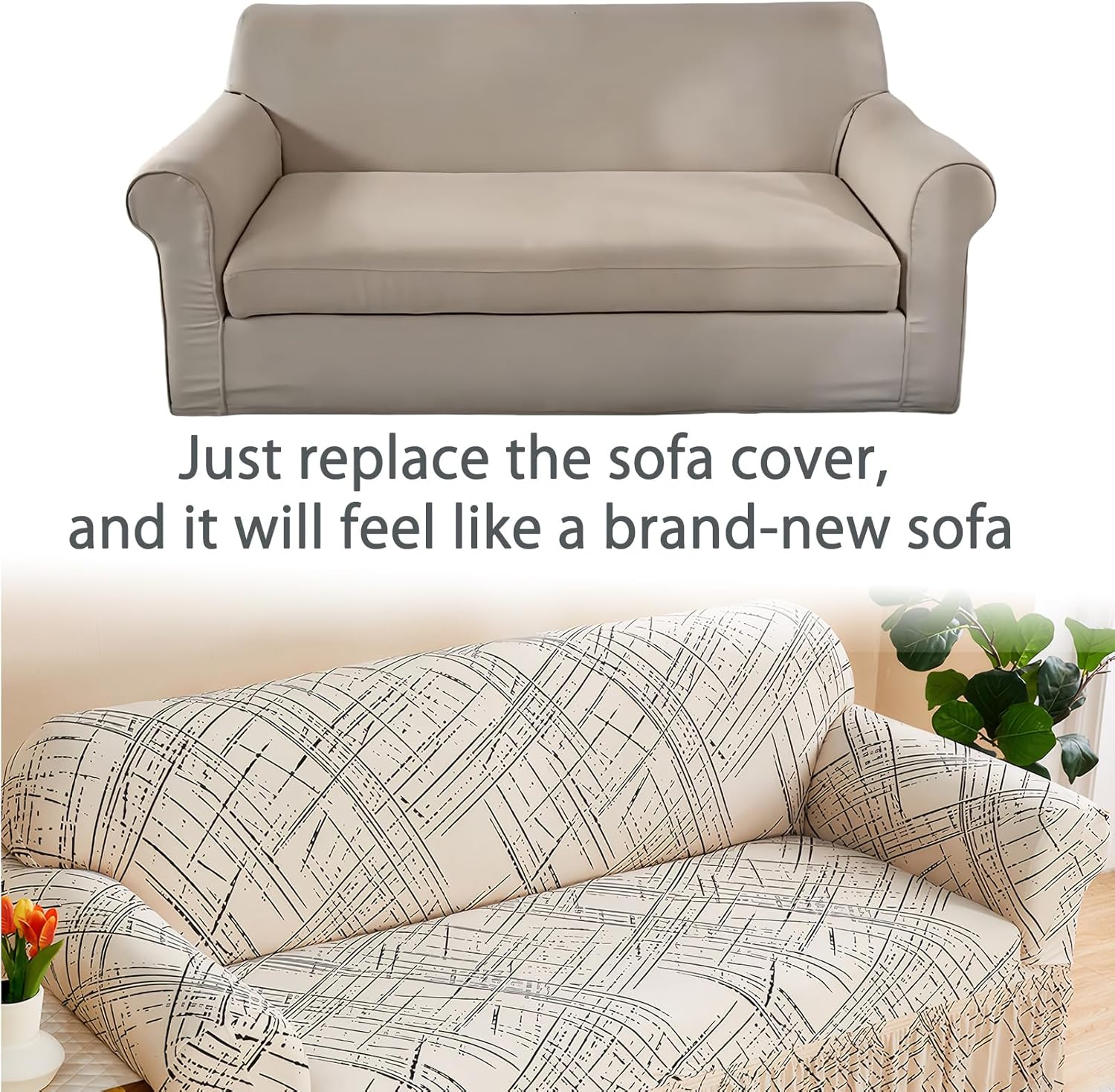 Printed Loveseat Cover Easy Fitted Non-Slip Couch Covers Washable Stretch Furniture Protector Modern Fashion Sofa Slipcover Beige Line(57”-73”)