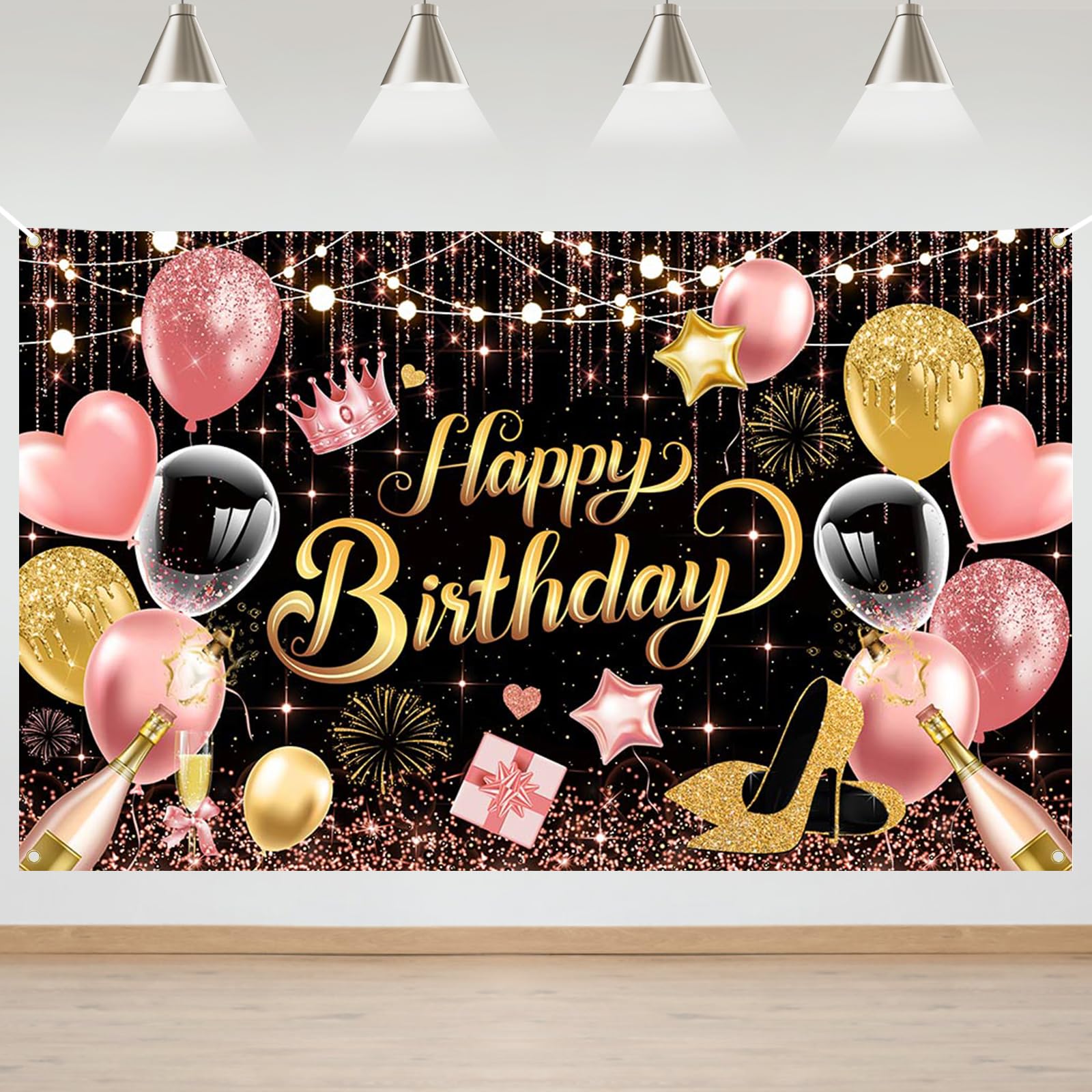 Mocsicka Rose Gold Birthday Backdrop - Glitter Rose Gold Happy Birthday Party Banner Decorations for Women & Girls - 70.8 * 43.3 inch