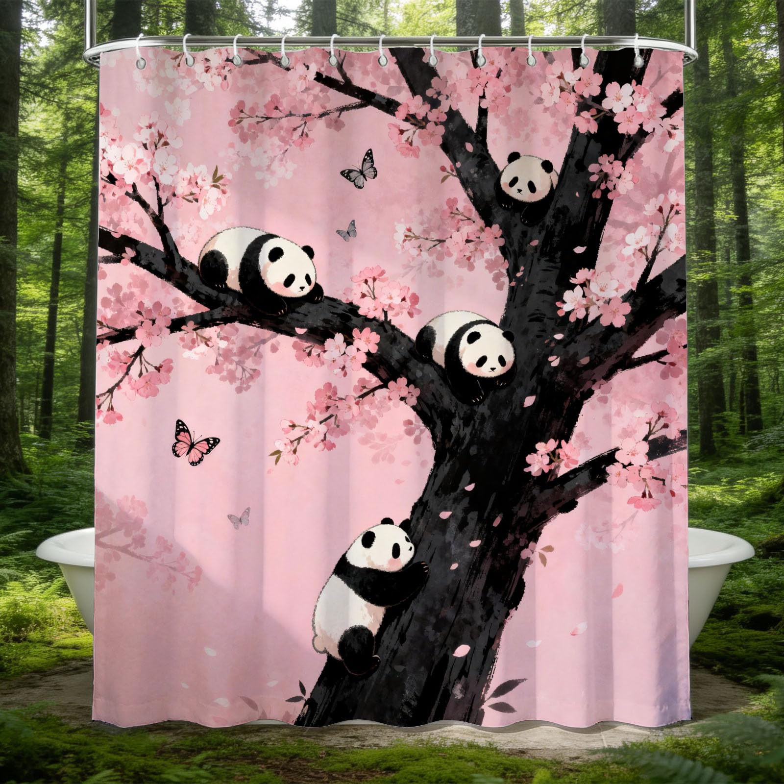 Hongduo 3D Panda Shower Curtain for Stalls Bathtubs Cherry Bathroom Decor Shower Curtain Set Polyester Fabric Waterproof 200x200cm/79X79 Inch with Hooks