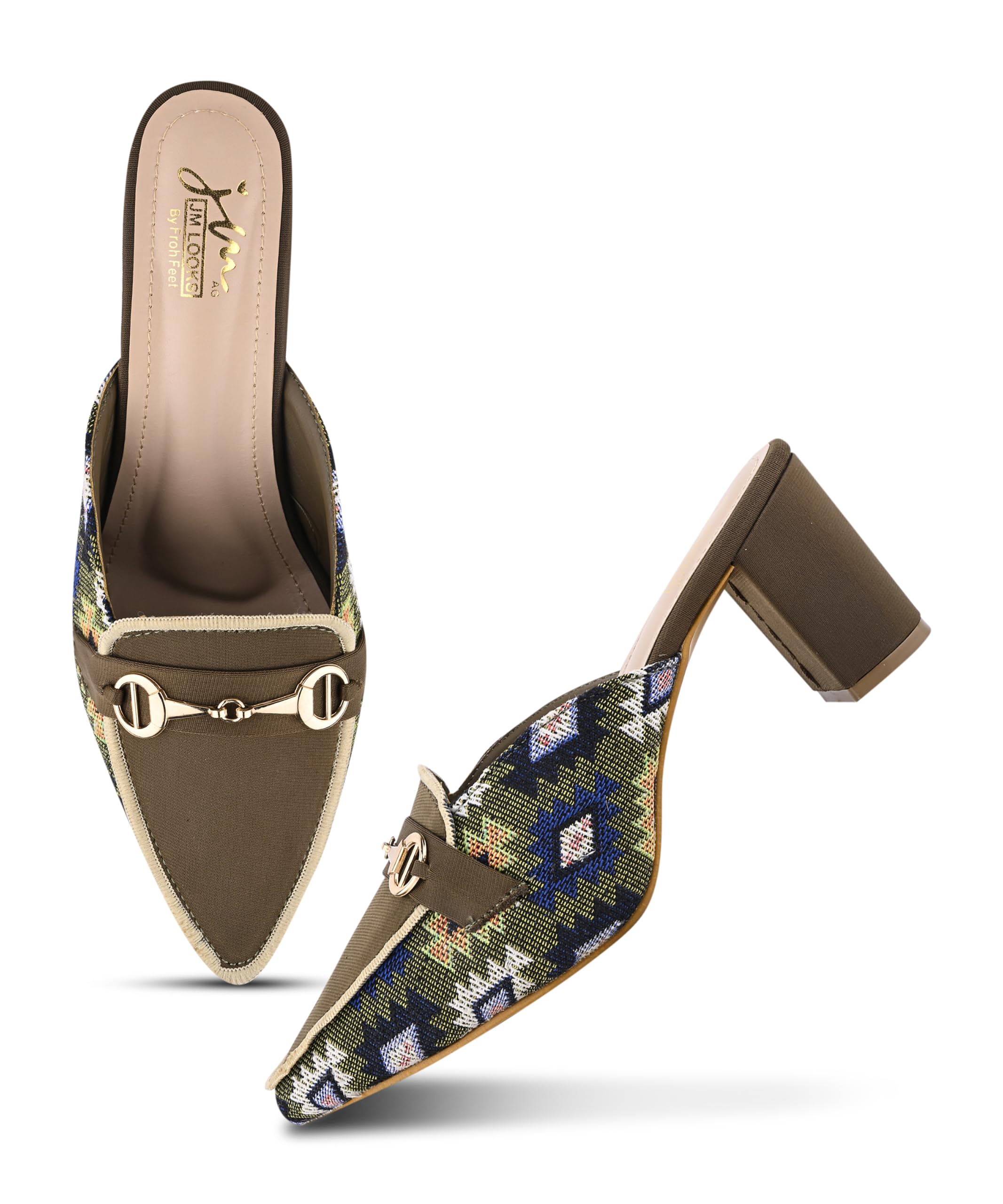 jm looks Women Pointed Toe Patterned Block Heel Mules Slip On Loafer Pumps with Metal Bit Accent-picture-15