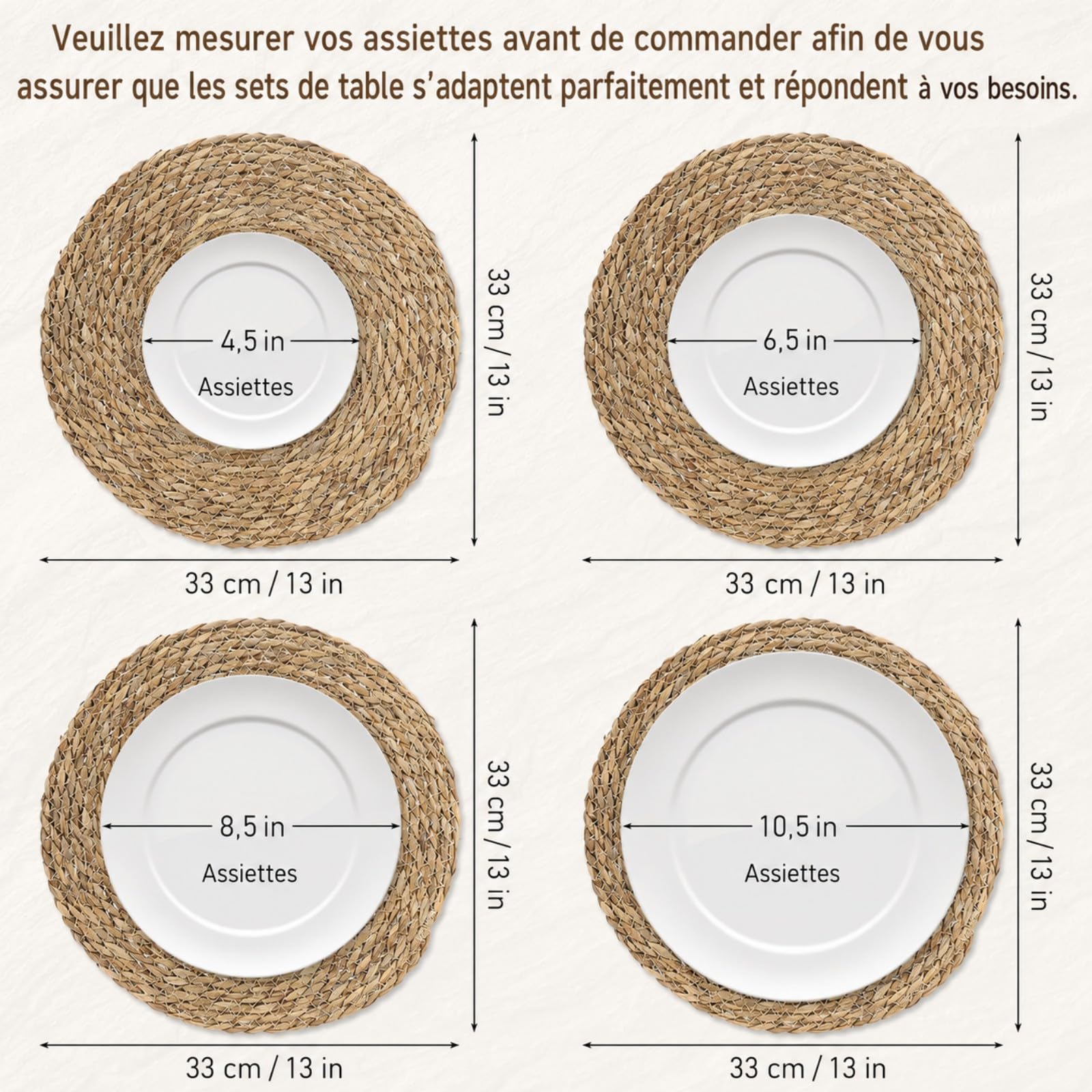Lot de 10 Napperons Ronds Tissés en Jacinthe d'eau, 33cm - Set de Table Naturel Résistant à la Chaleur, Style Rattan pour Cuisine, Mariage, Fêtes et Décoration de Table