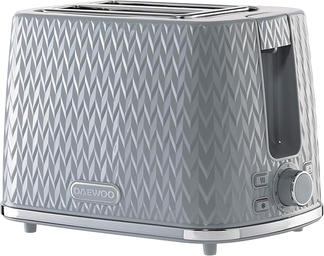 Daewoo Argyle SDA1821 2 Slice Patterned Toaster Reheat, Defrost & Cancel Controls, Browning Feature, Removable Crumb Tray, Anti-Jam Function, Self-Centring Grey
