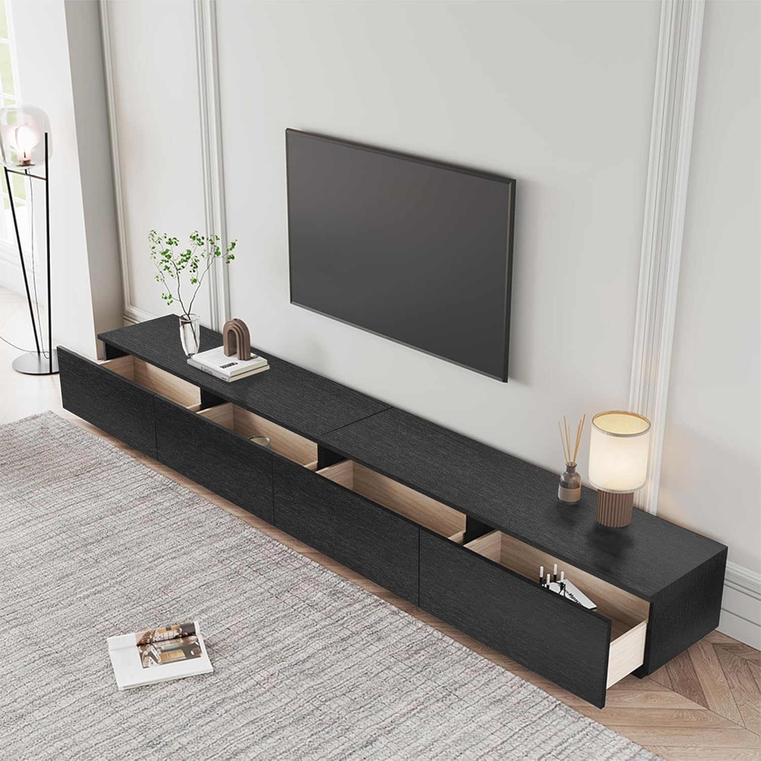POVISON 78.74" Modern Solid Wood TV Stand with Storage, Fully Assembled, Large Entertainment Center 4 Drawers, TV Media Console Living Room TV Stand Black